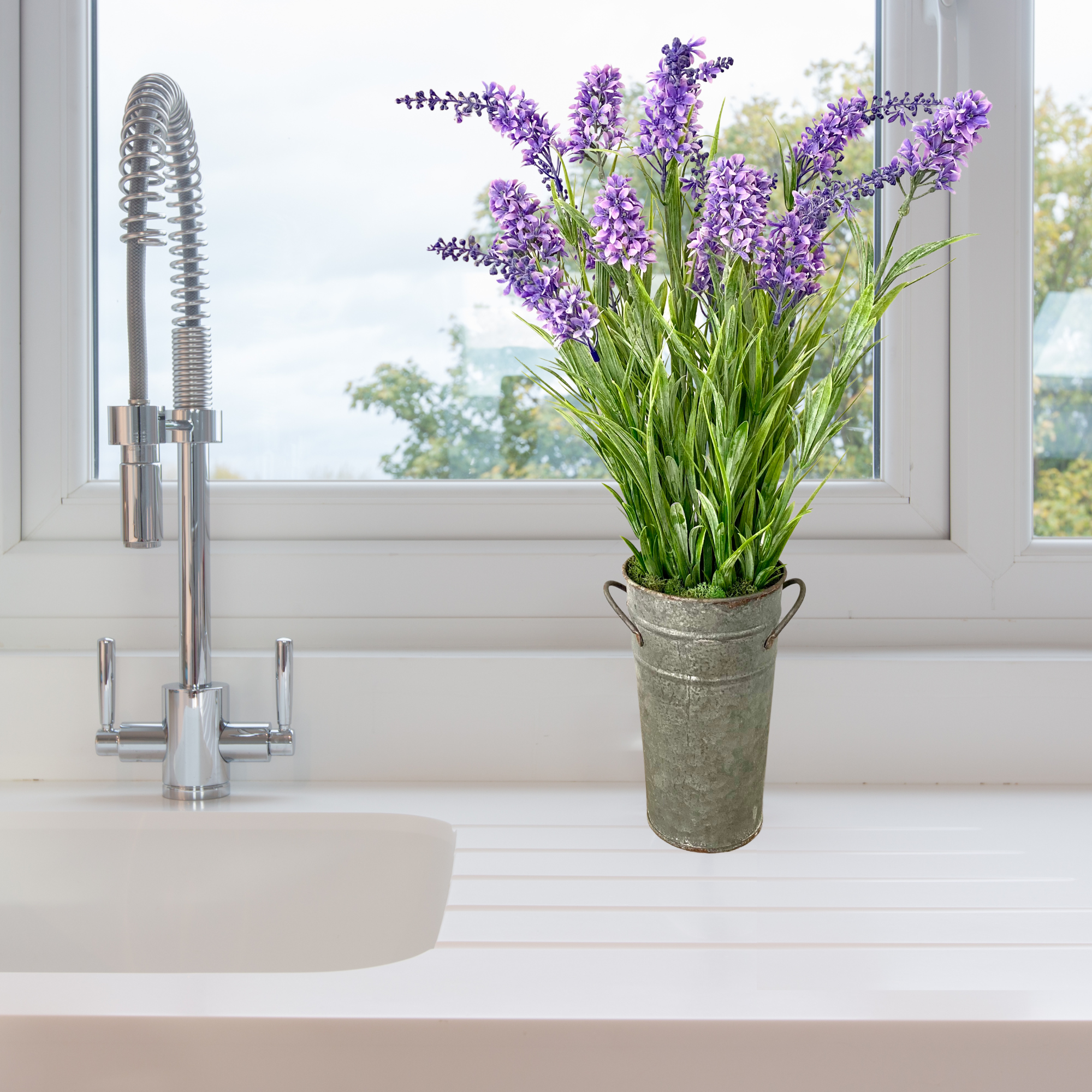 Silk lilac flower arrangement in french pail - 20"-0