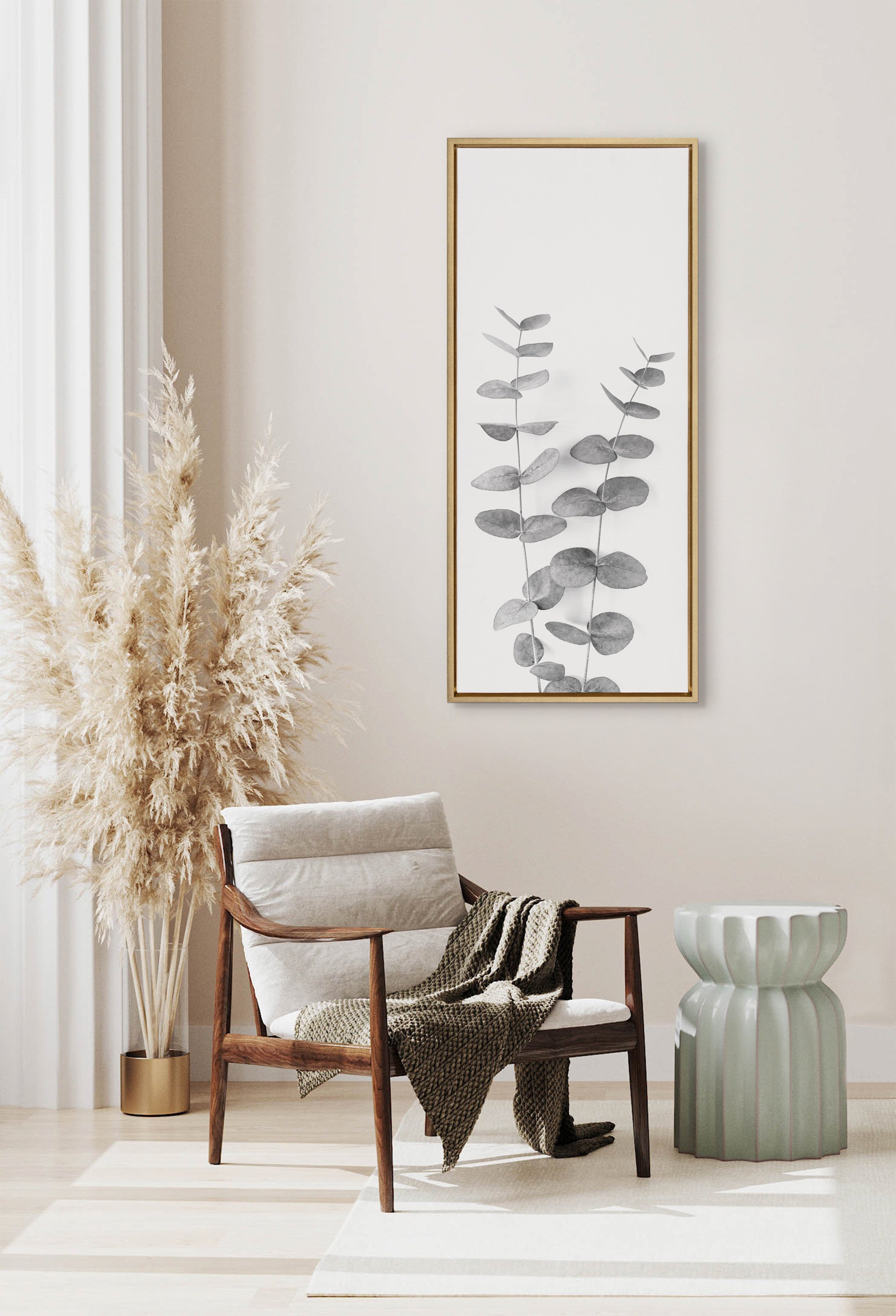 Sylvie Eucalyptus Botanical II Gray and Soft White Framed Canvas by The Creative Bunch Studio
