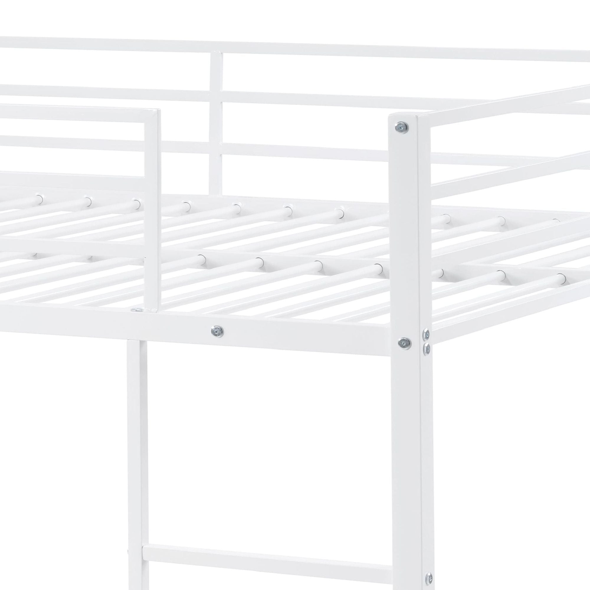 Full Over Full Metal Bunk Bed with Built-In Ladder and Safety Guard Rail in White | Just Better Bunk Beds
