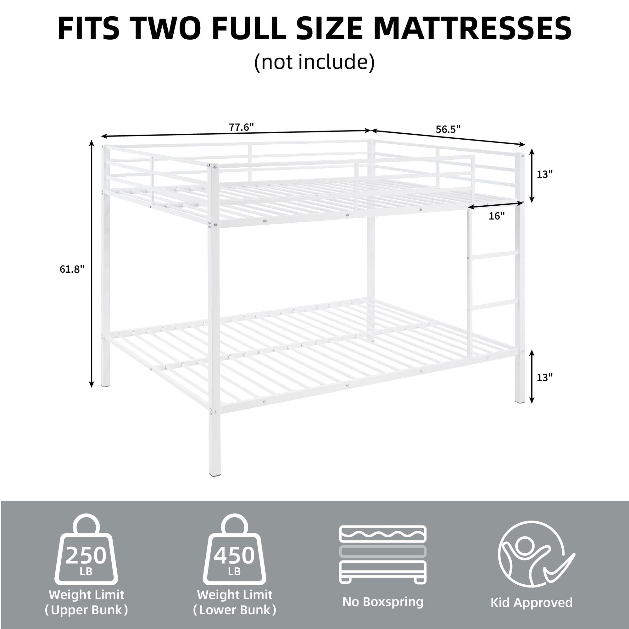 Full Over Full Metal Bunk Bed with Built-In Ladder and Safety Guard Rail in White | Just Better Bunk Beds