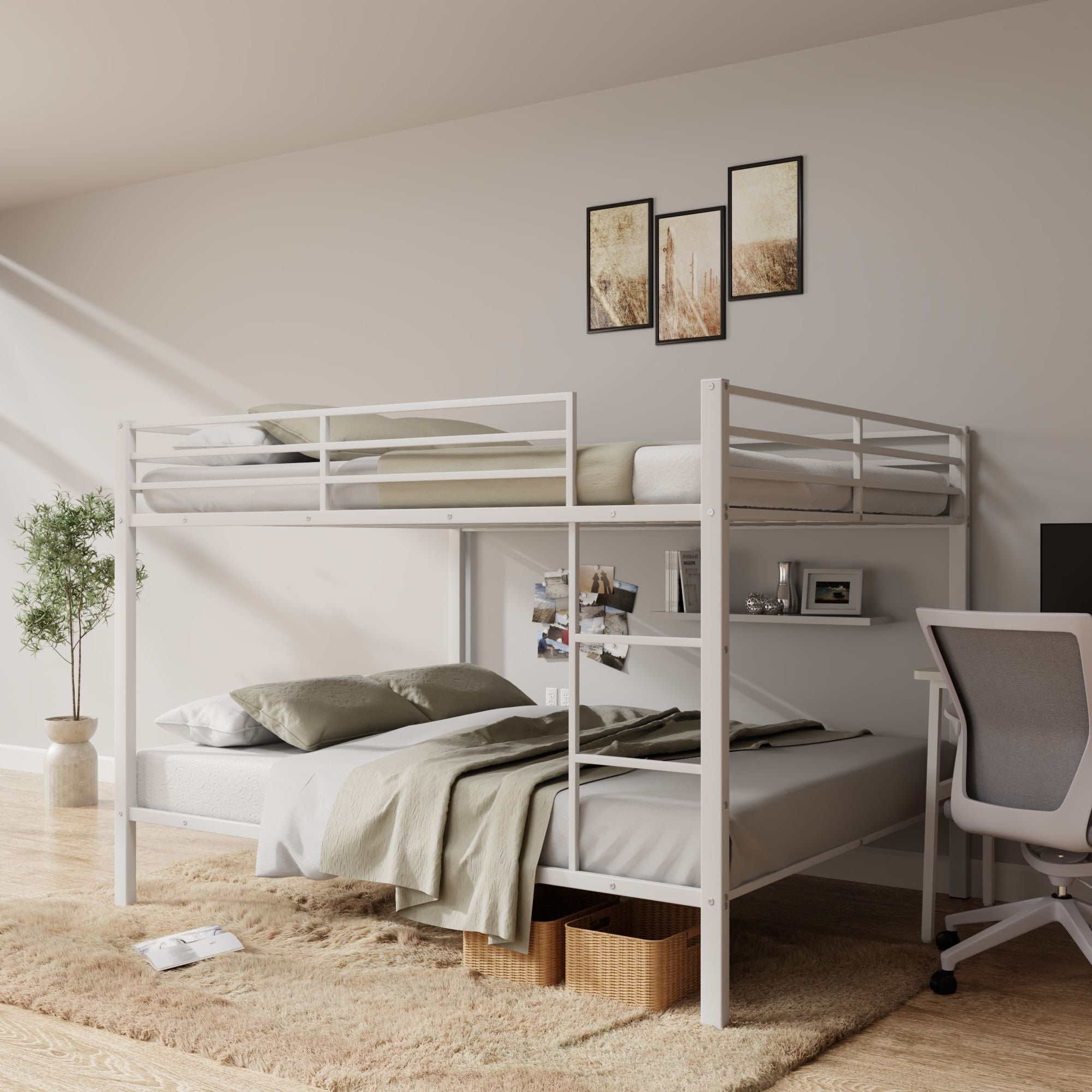 Full Over Full Metal Bunk Bed with Built-In Ladder and Safety Guard Rail in White | Just Better Bunk Beds