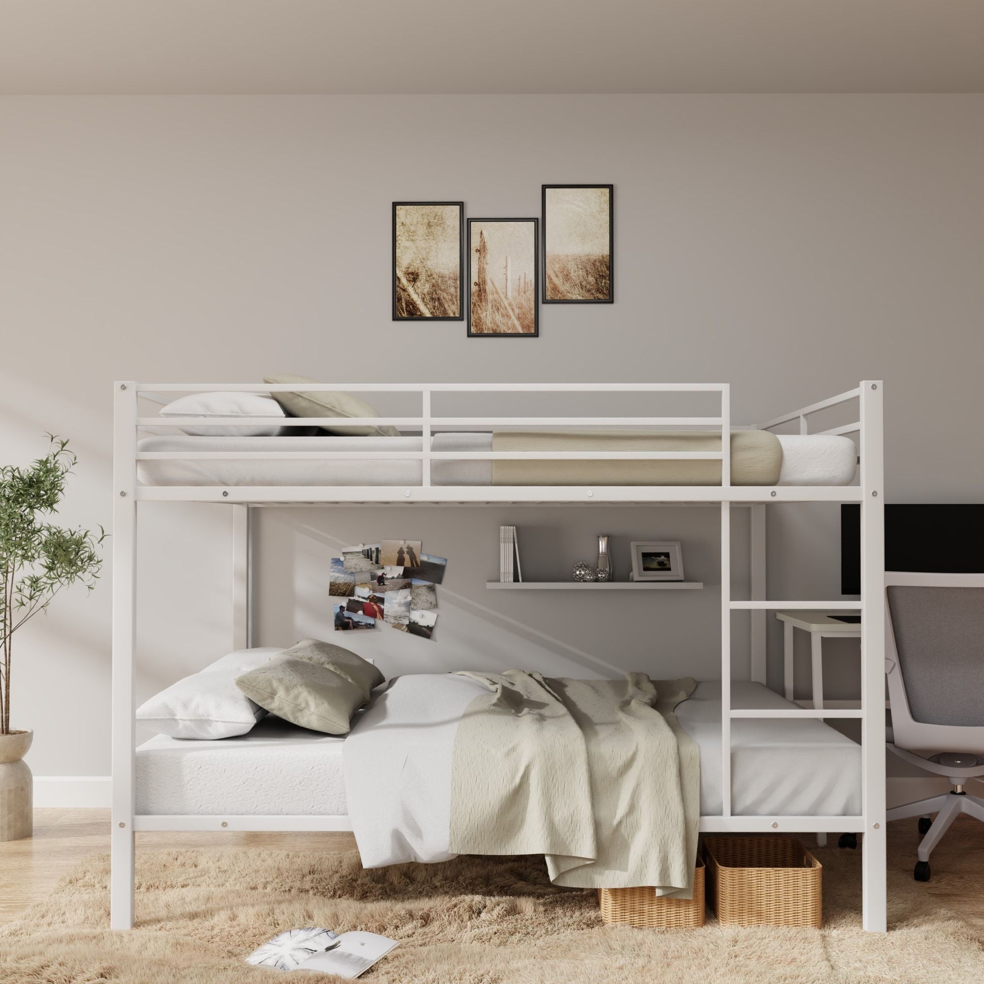 Full Over Full Metal Bunk Bed with Built-In Ladder and Safety Guard Rail in White | Just Better Bunk Beds