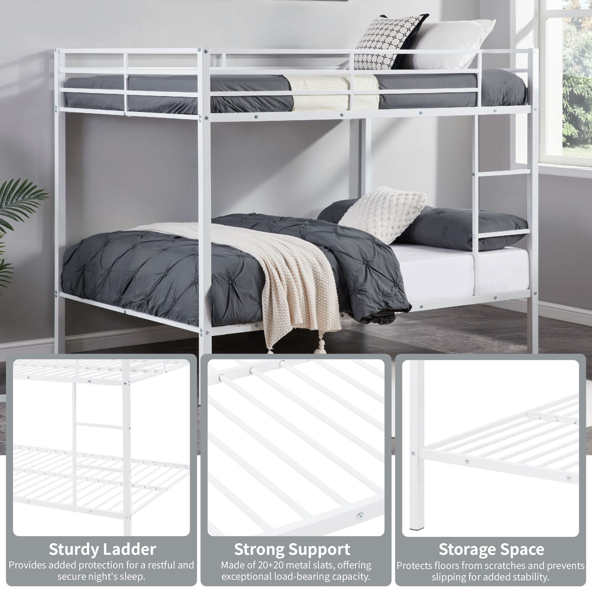 Full Over Full Metal Bunk Bed with Built-In Ladder and Safety Guard Rail in White | Just Better Bunk Beds