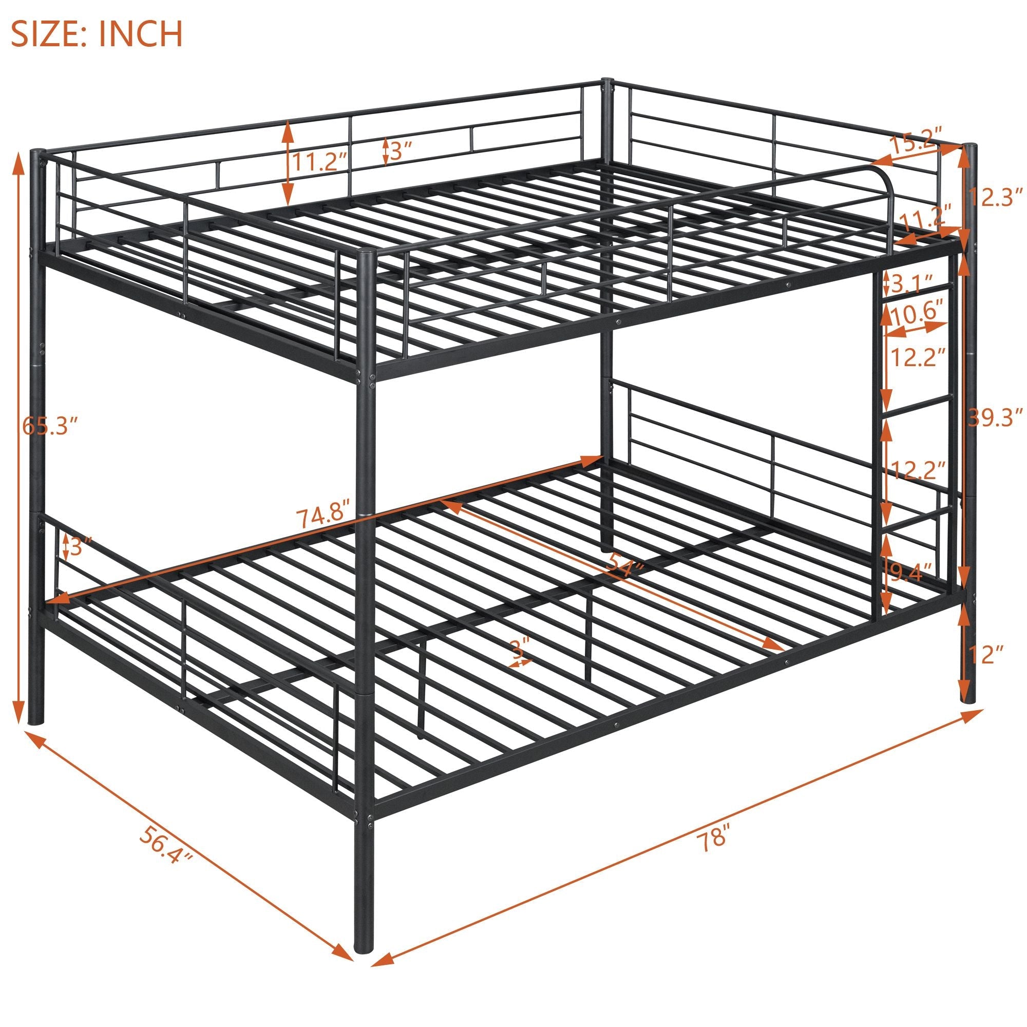 Full Over Full Metal Bunk Bed with Ladder, Durable Iron Frame in Black, White, or Silver | Just Better Bunk Beds