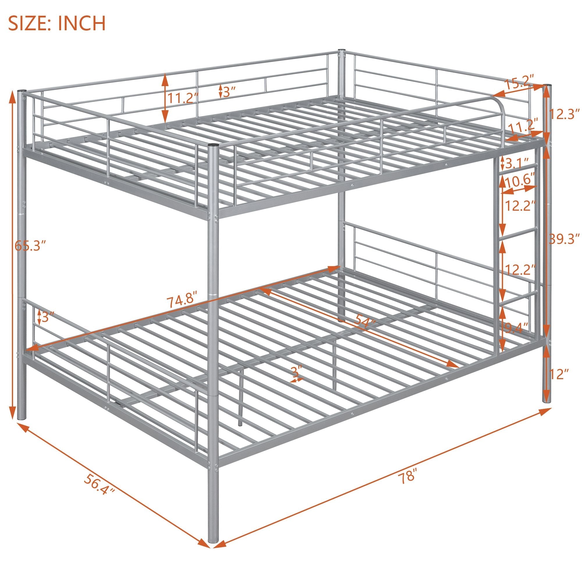Full Over Full Metal Bunk Bed with Ladder, Durable Iron Frame in Black, White, or Silver | Just Better Bunk Beds