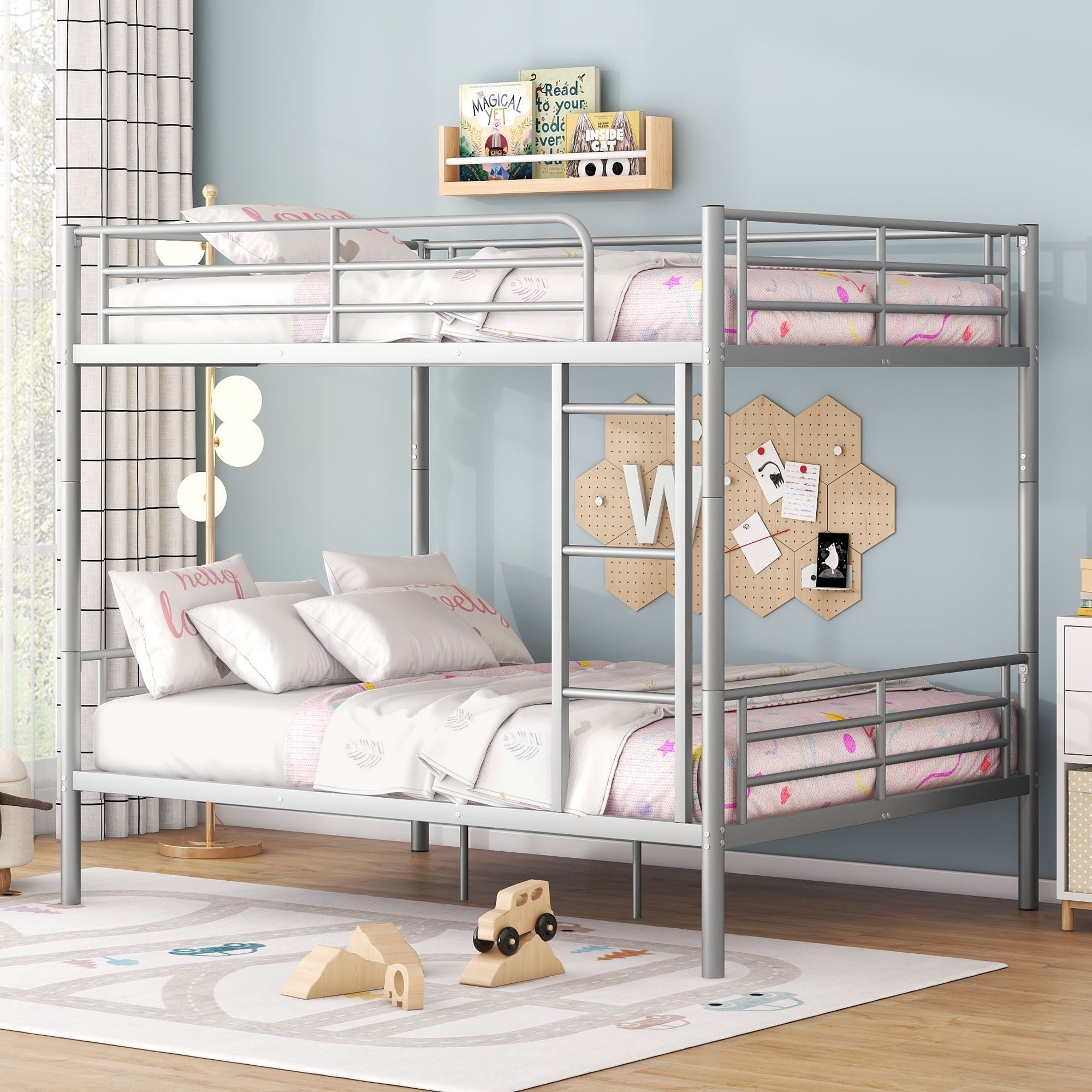 Full Over Full Metal Bunk Bed with Ladder, Durable Iron Frame in Black, White, or Silver | Just Better Bunk Beds