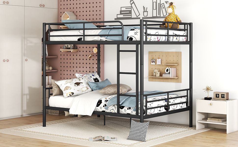 Full Over Full Metal Bunk Bed with Ladder, Durable Iron Frame in Black, White, or Silver | Just Better Bunk Beds