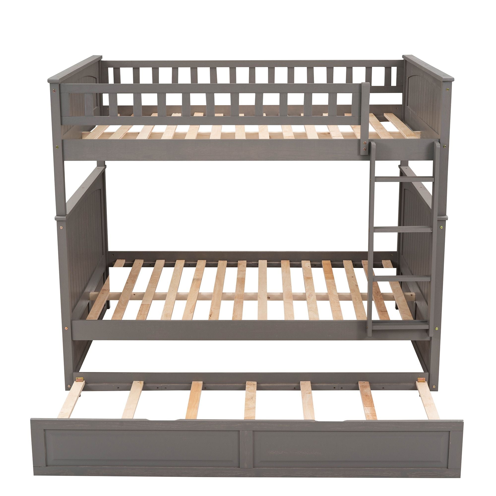 Full Over Full Pine Wood Bunk Bed with Twin Trundle, Guardrails, Brushed Gray | Just Better Bunk Beds