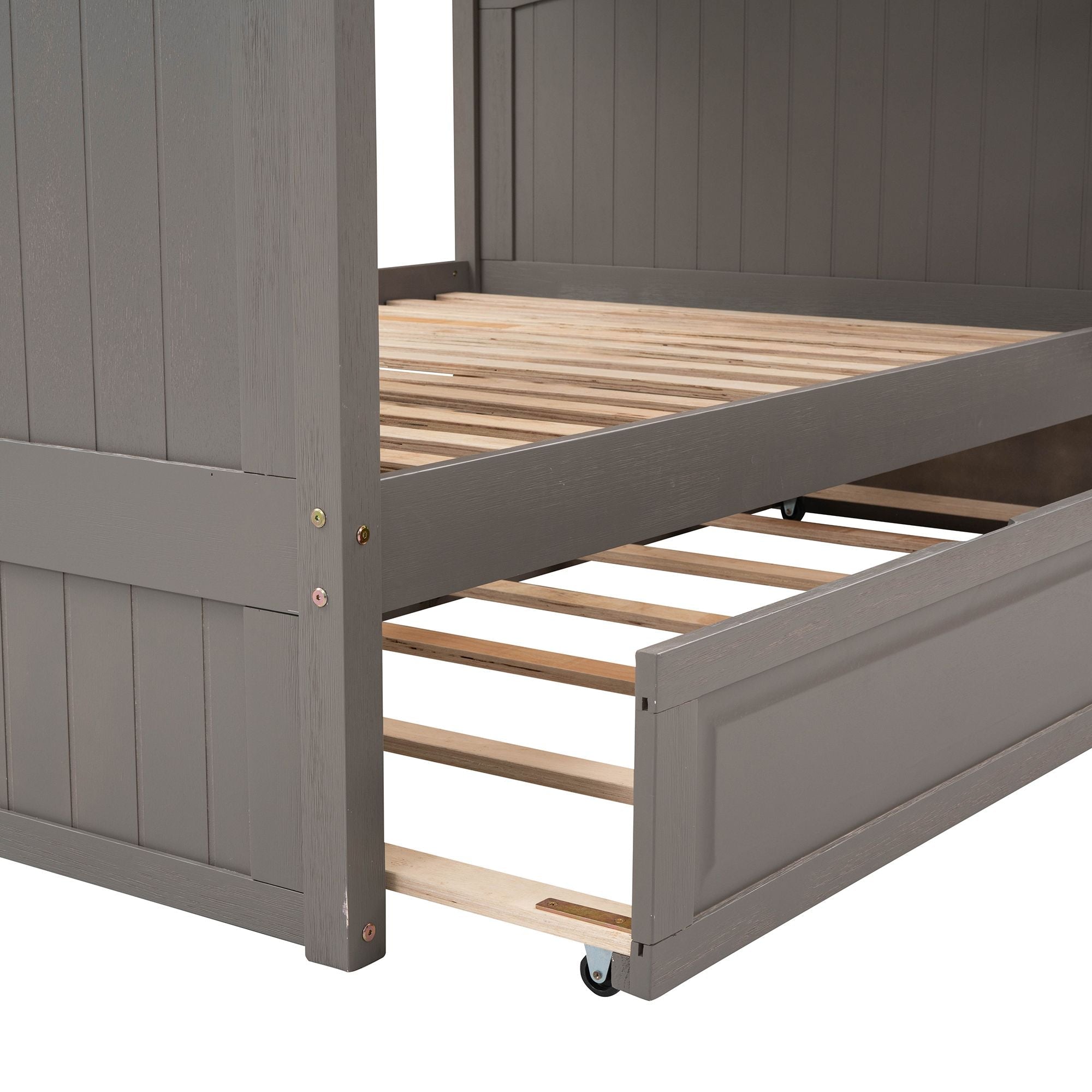 Full Over Full Pine Wood Bunk Bed with Twin Trundle, Guardrails, Brushed Gray | Just Better Bunk Beds