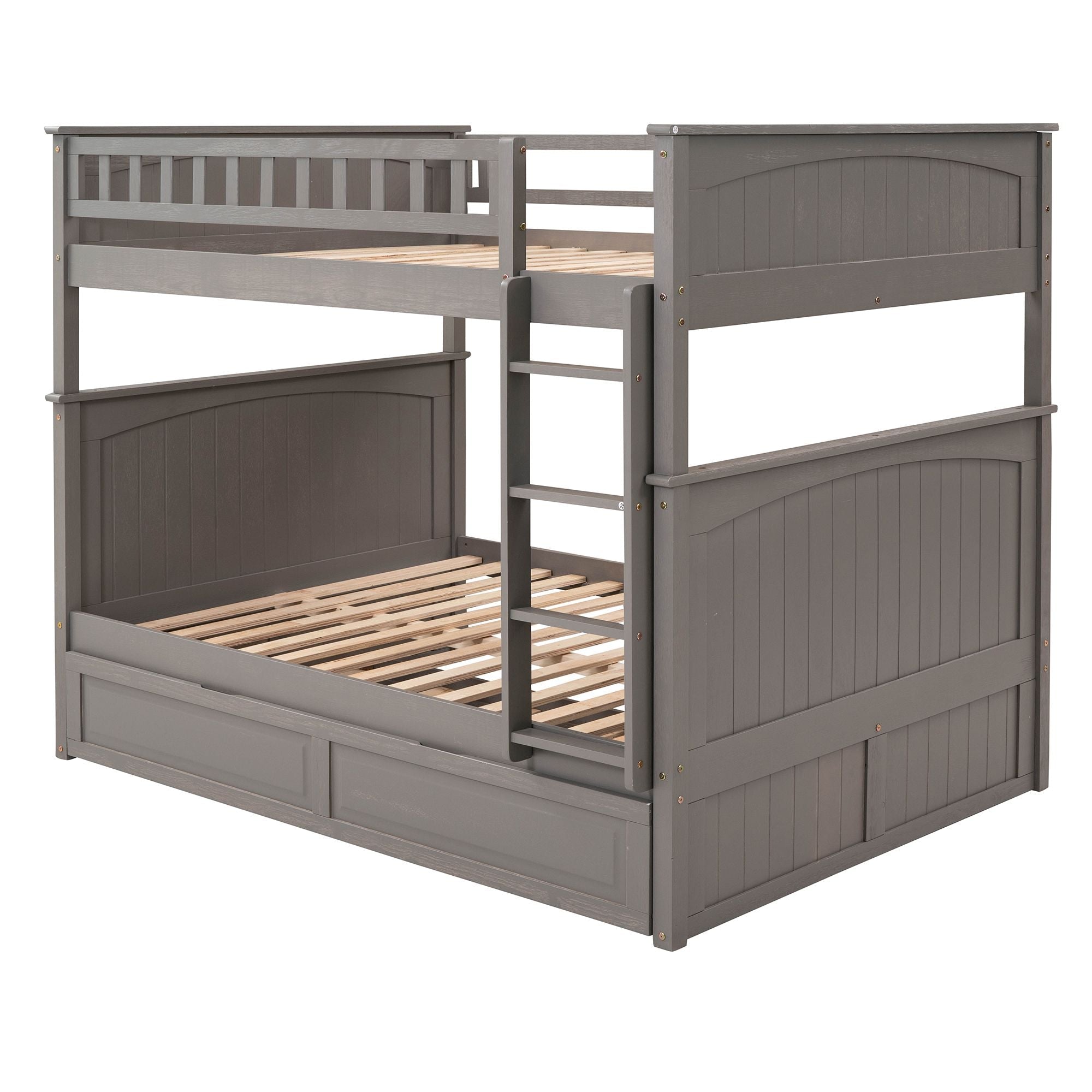 Full Over Full Pine Wood Bunk Bed with Twin Trundle, Guardrails, Brushed Gray | Just Better Bunk Beds