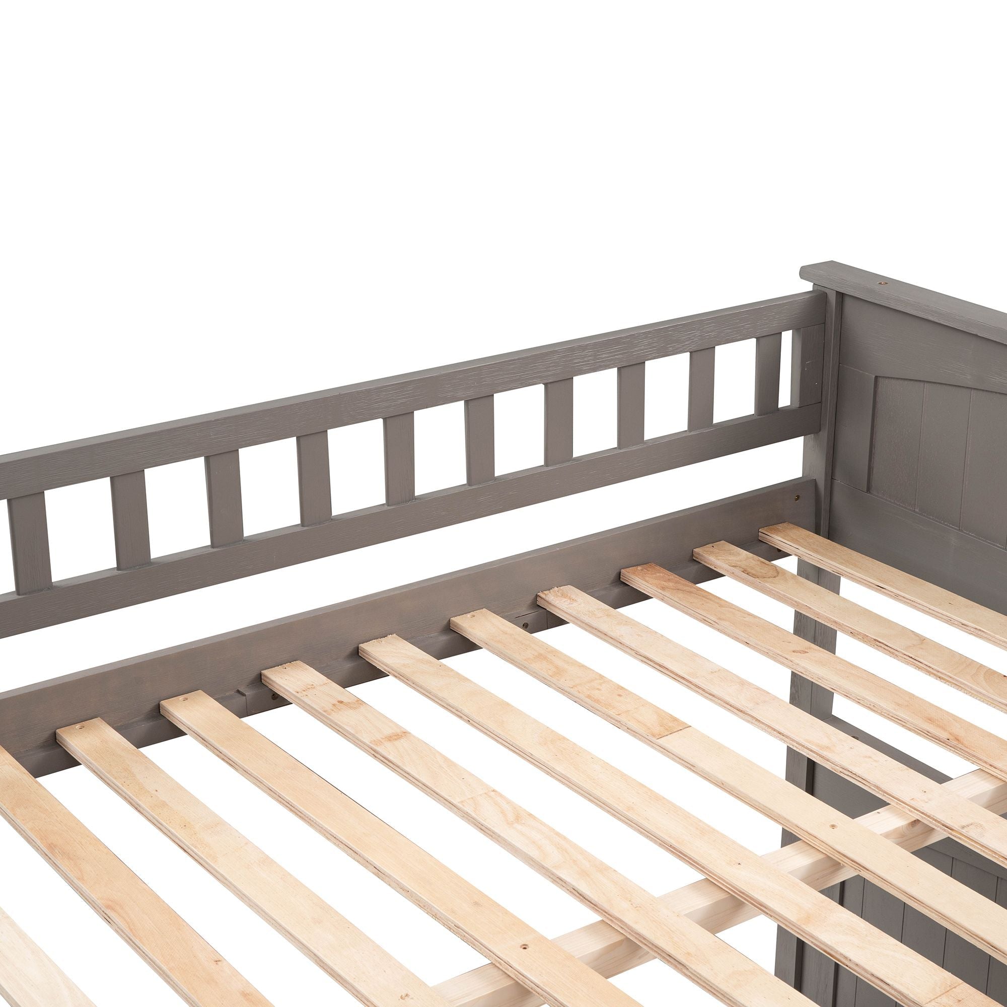 Full Over Full Pine Wood Bunk Bed with Twin Trundle, Guardrails, Brushed Gray | Just Better Bunk Beds