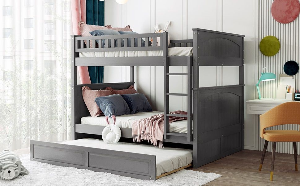 Full Over Full Pine Wood Bunk Bed with Twin Trundle, Guardrails, Brushed Gray | Just Better Bunk Beds
