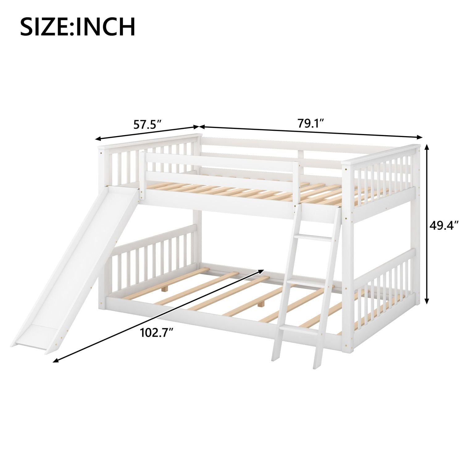 Full Over Full Wood Bunk Bed with Convertible Slide and Ladder, White, Pine & MDF | Just Better Bunk Beds