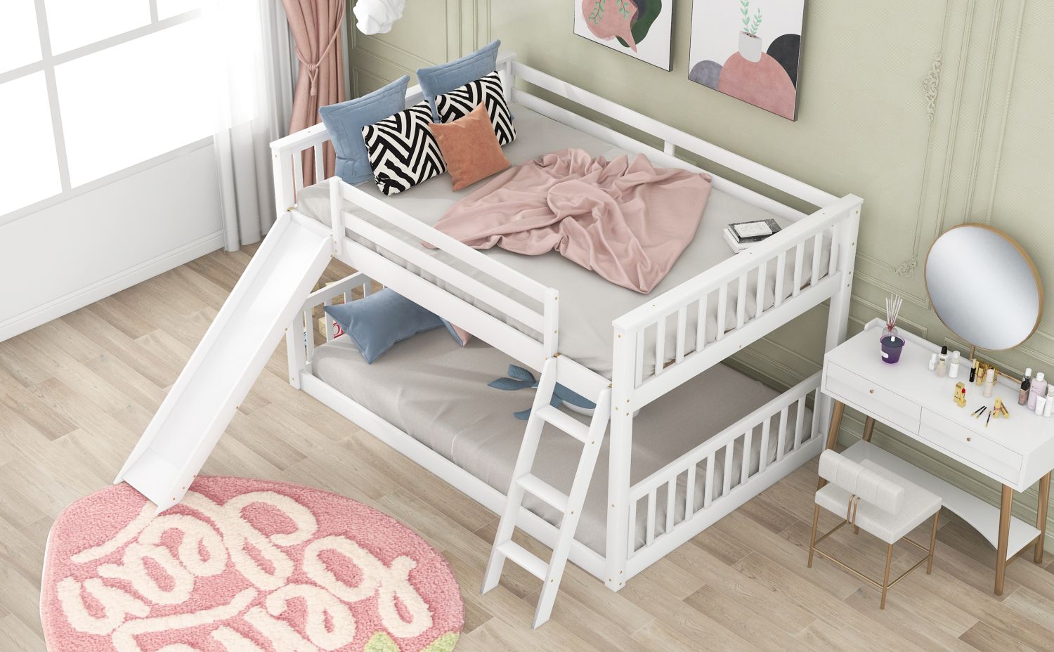 Full Over Full Wood Bunk Bed with Convertible Slide and Ladder, White, Pine & MDF | Just Better Bunk Beds