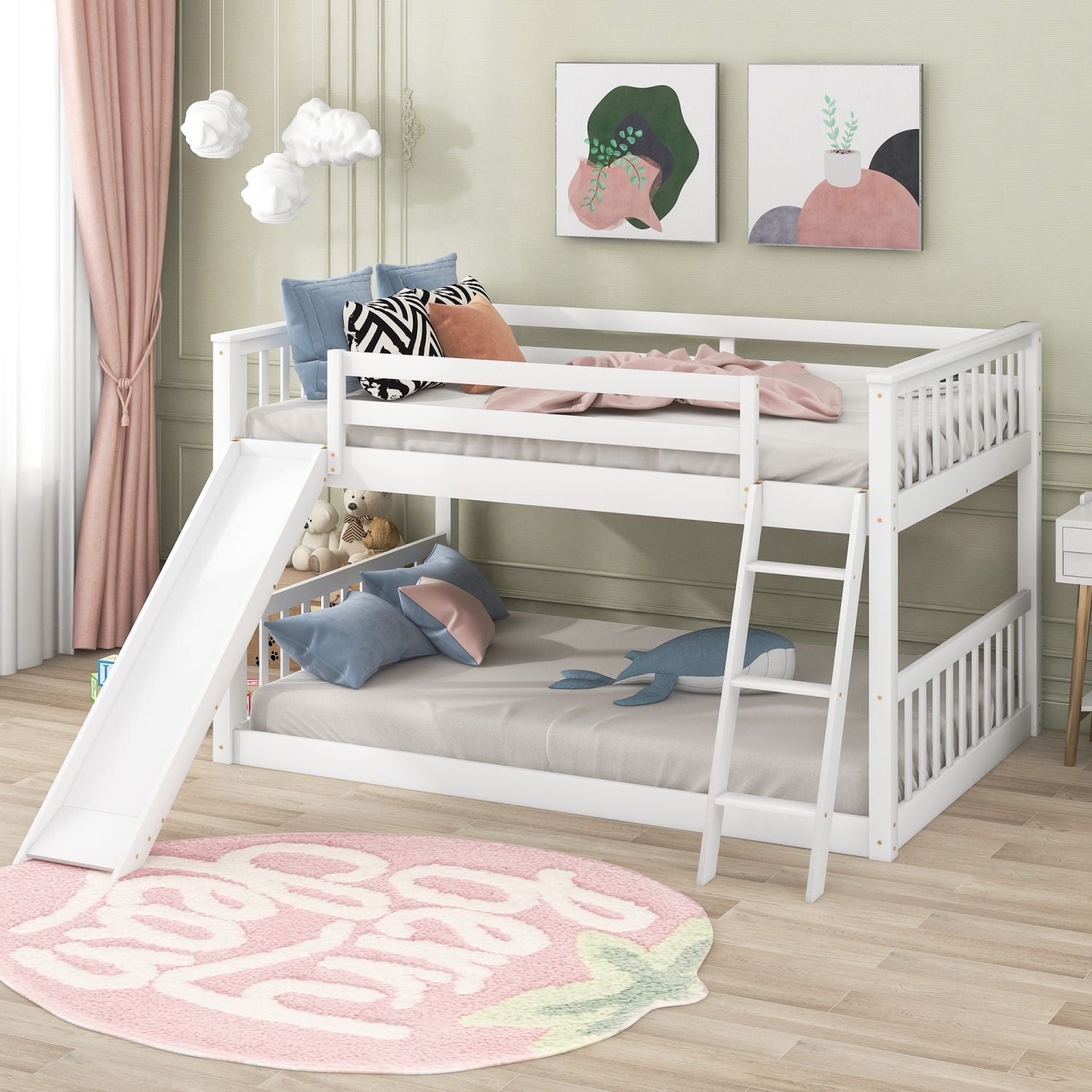 Full Over Full Wood Bunk Bed with Convertible Slide and Ladder, White, Pine Wood & MDF | Just Better Bunk Beds
