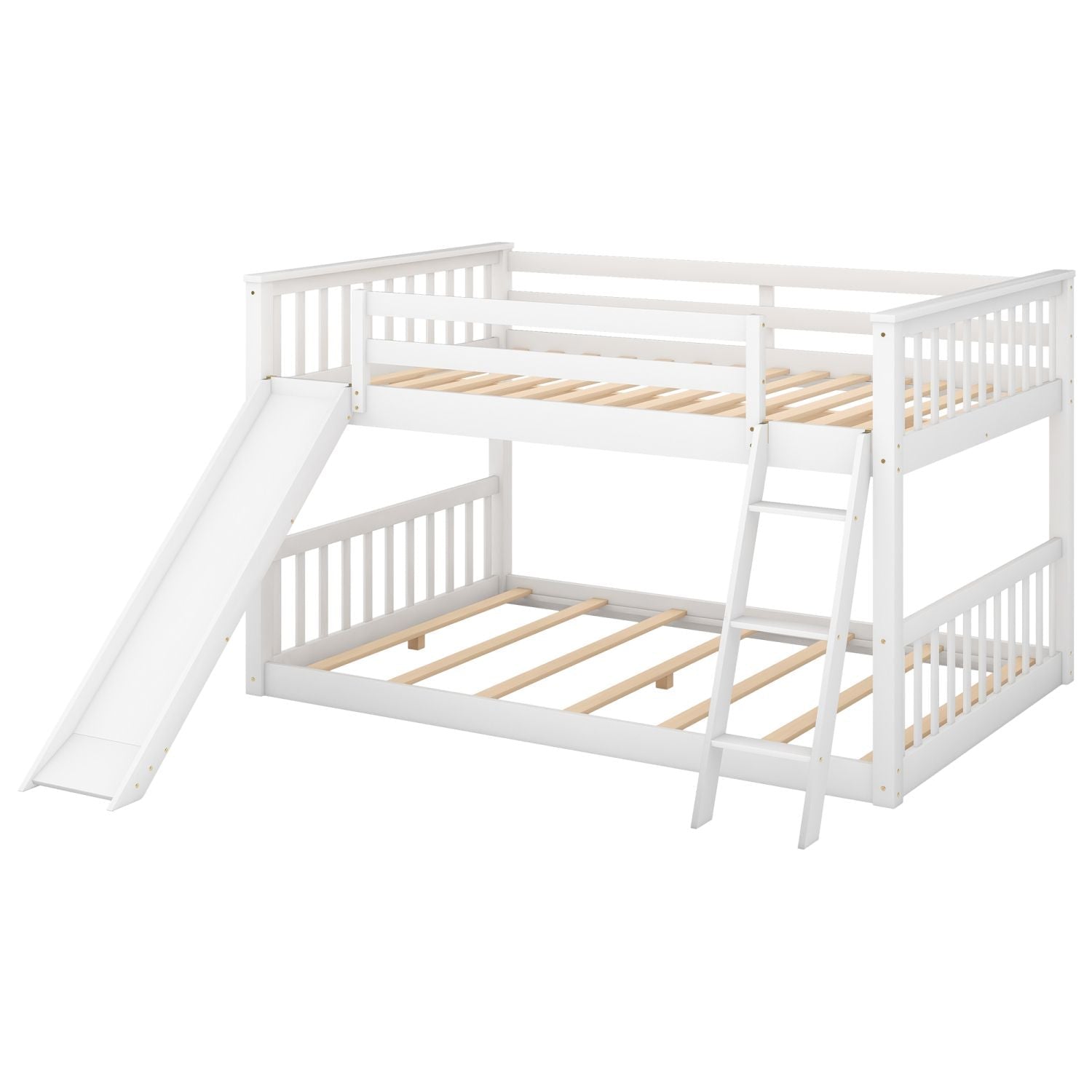 Full Over Full Wood Bunk Bed with Convertible Slide and Ladder, White, Pine Wood & MDF | Just Better Bunk Beds