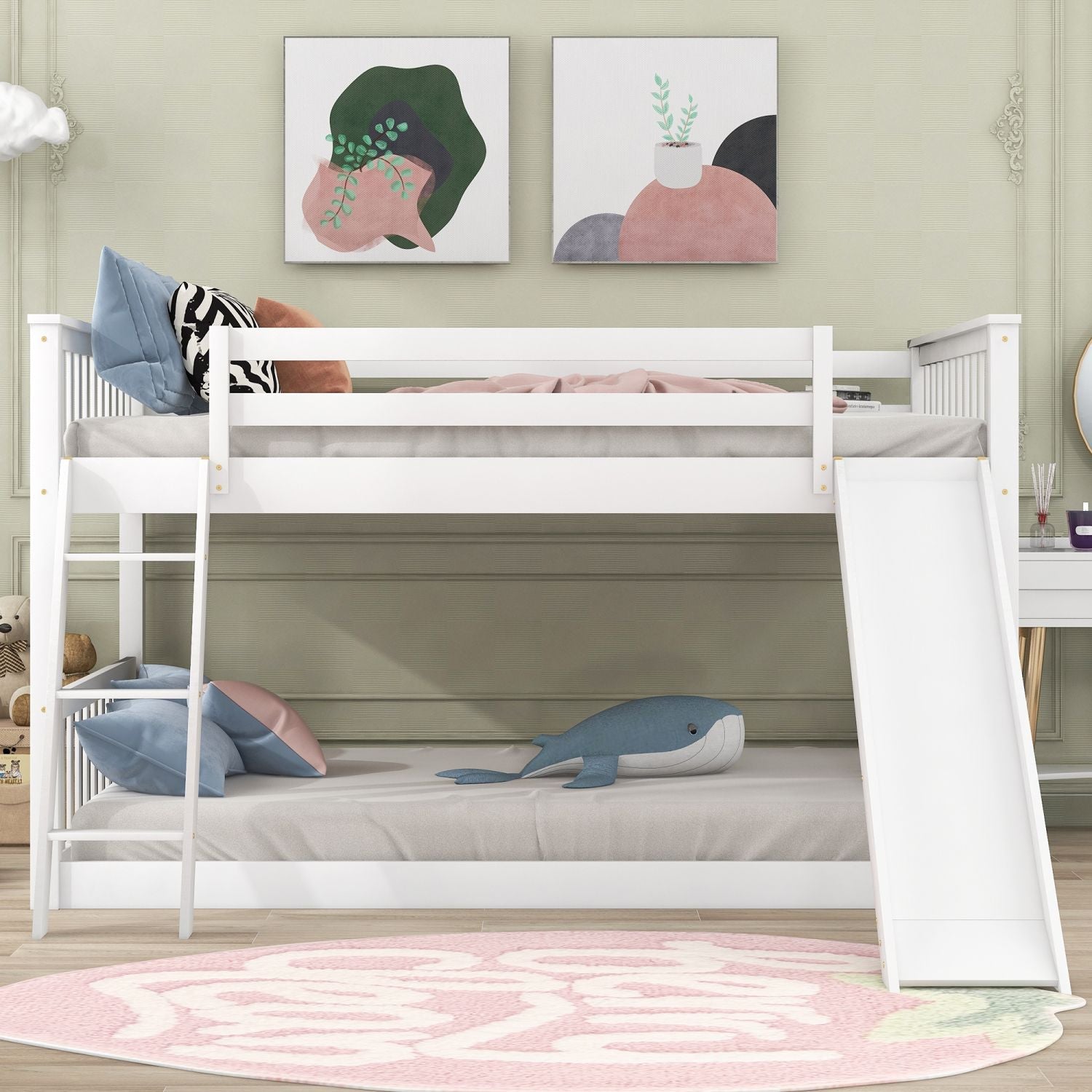 Full Over Full Wood Bunk Bed with Convertible Slide and Ladder, White, Pine Wood & MDF | Just Better Bunk Beds
