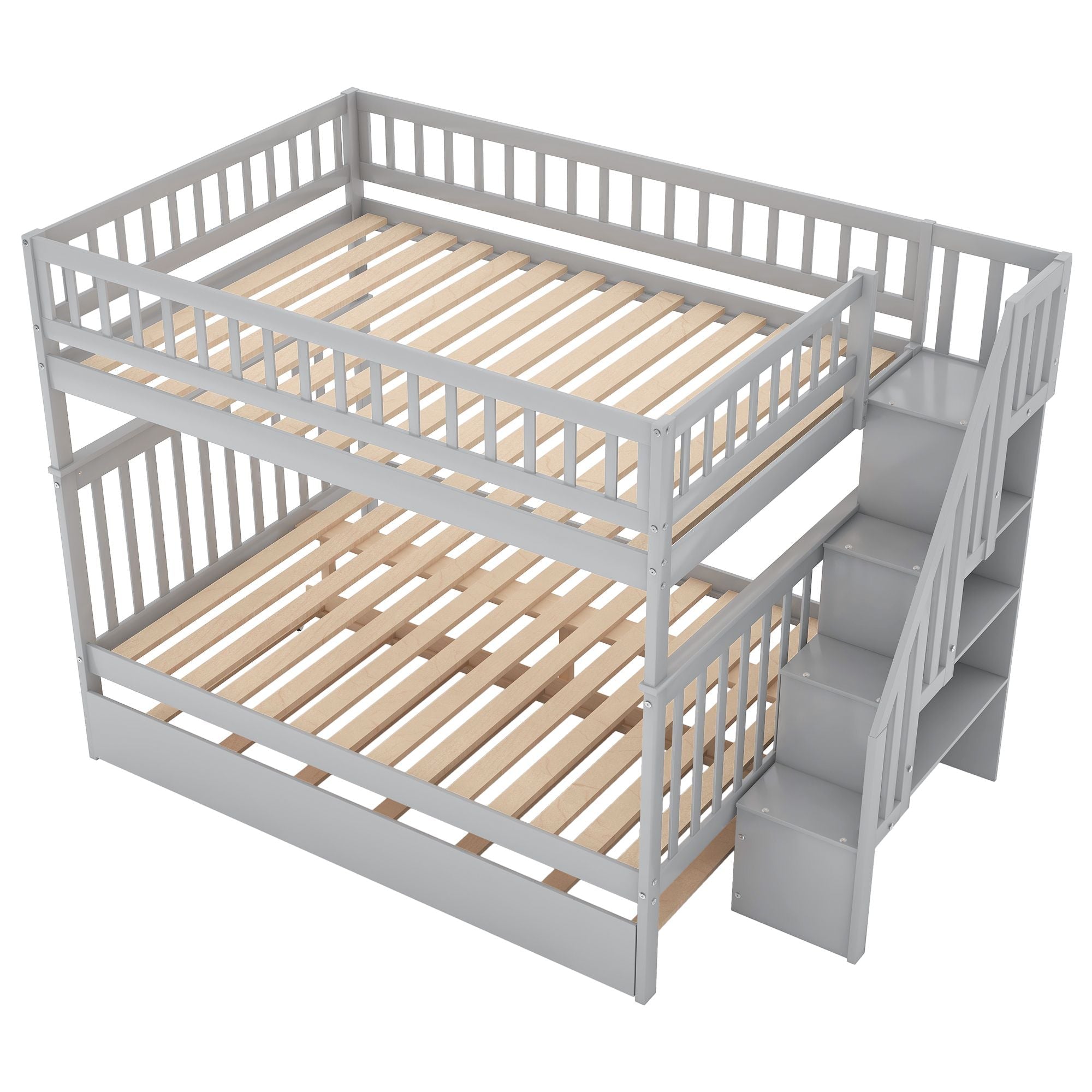 Full Over Full Wood Bunk Bed with Staircase Storage and Trundle in Gray for Kids Shared Rooms | Just Better Bunk Beds
