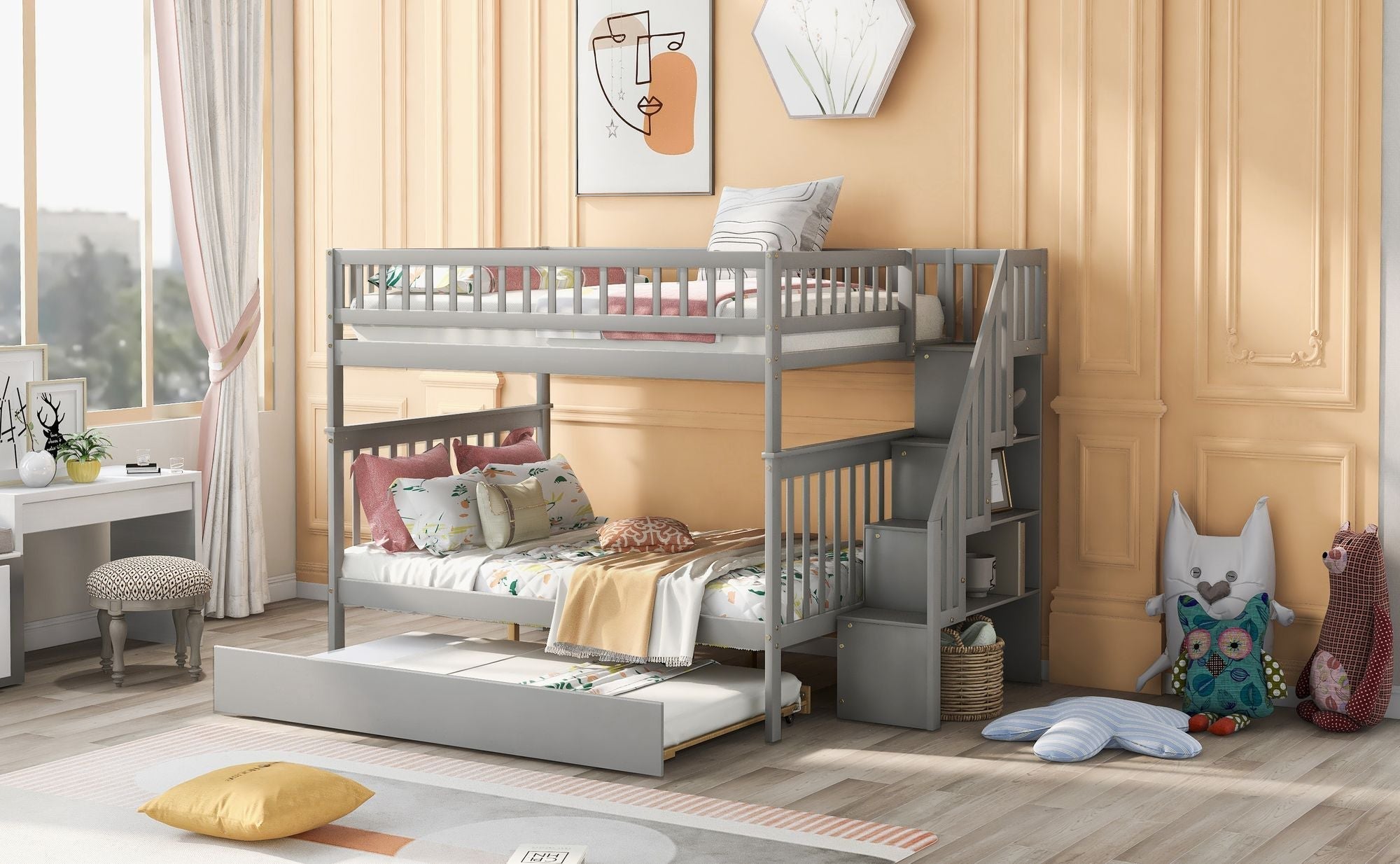 Full Over Full Wood Bunk Bed with Staircase Storage and Trundle in Gray for Kids Shared Rooms | Just Better Bunk Beds