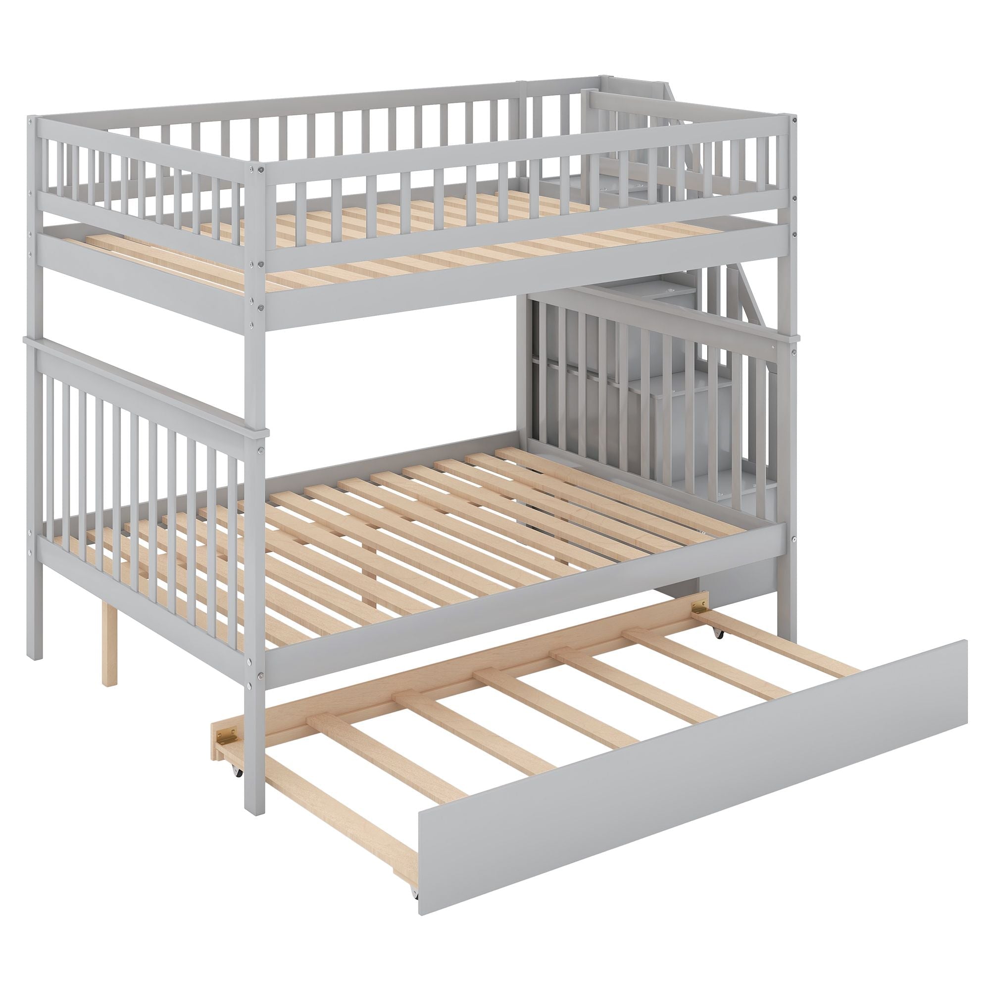 Full Over Full Wood Bunk Bed with Staircase Storage and Trundle in Gray for Kids Shared Rooms | Just Better Bunk Beds