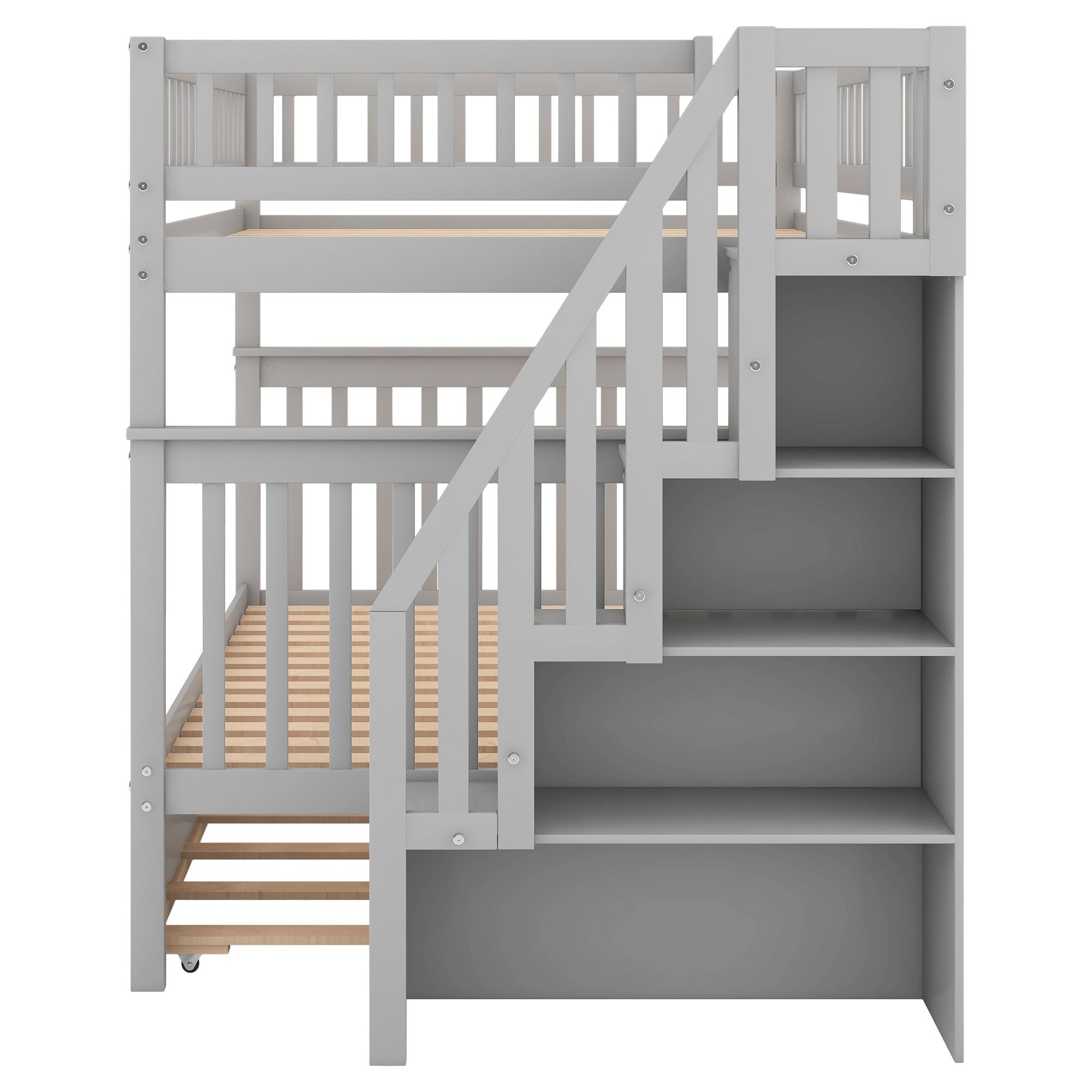 Full Over Full Wood Bunk Bed with Staircase Storage and Trundle in Gray for Kids Shared Rooms | Just Better Bunk Beds