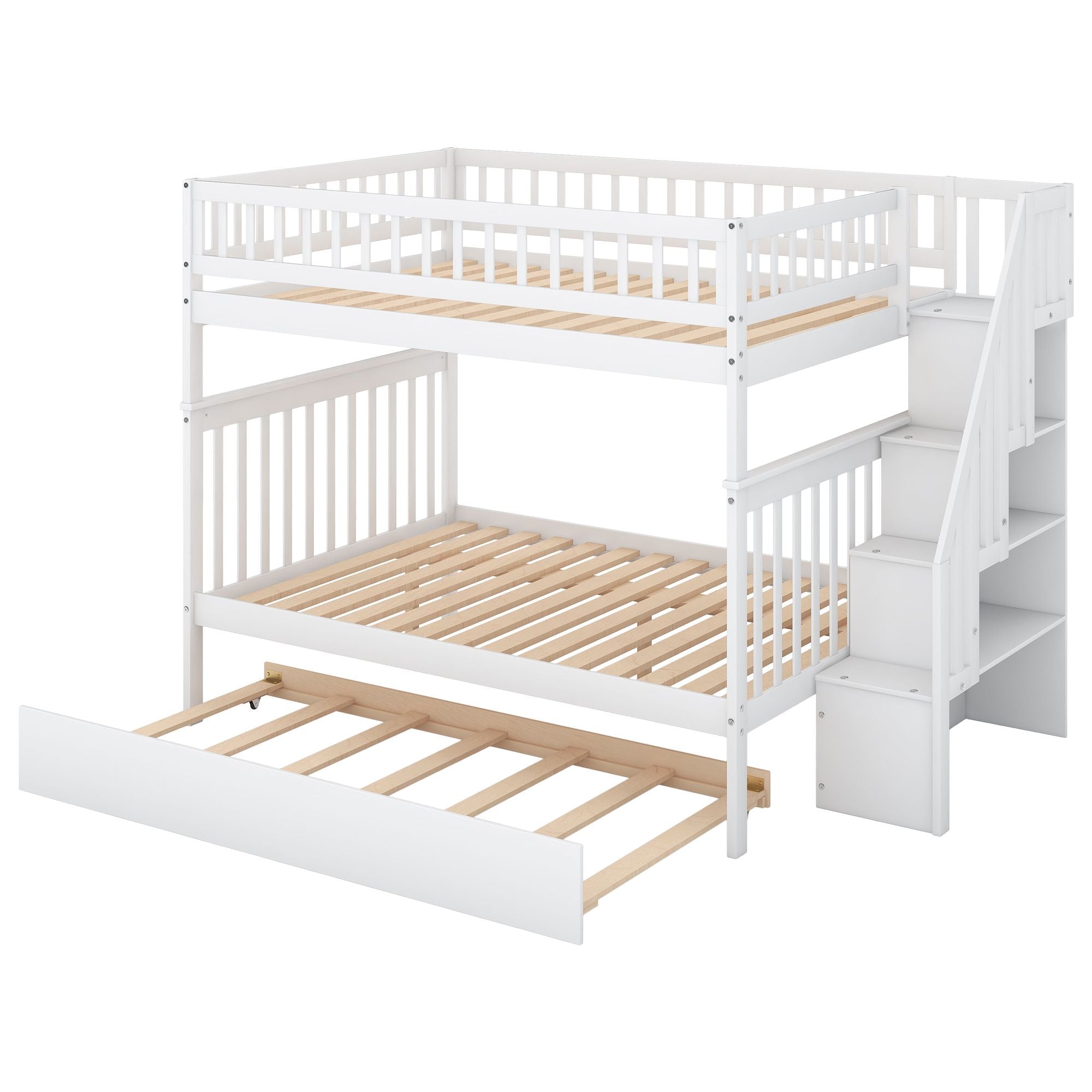 Full Over Full Wood Bunk Bed with Staircase Storage and Trundle, White | Just Better Bunk Beds