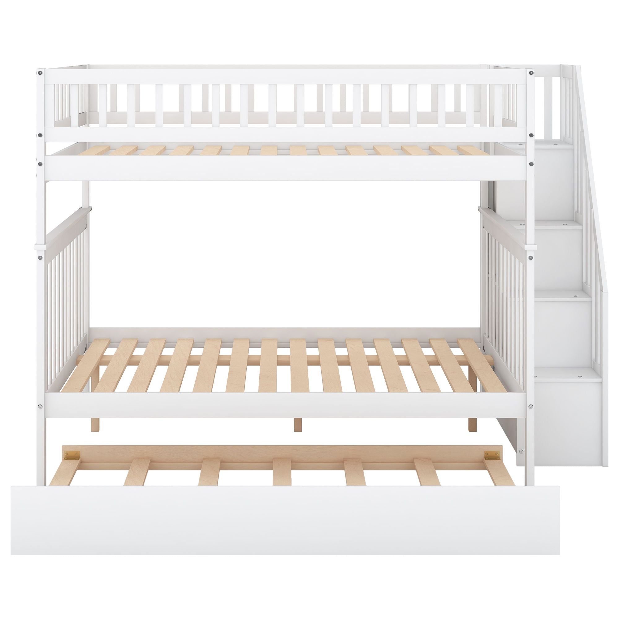 Full Over Full Wood Bunk Bed with Staircase Storage and Trundle, White | Just Better Bunk Beds