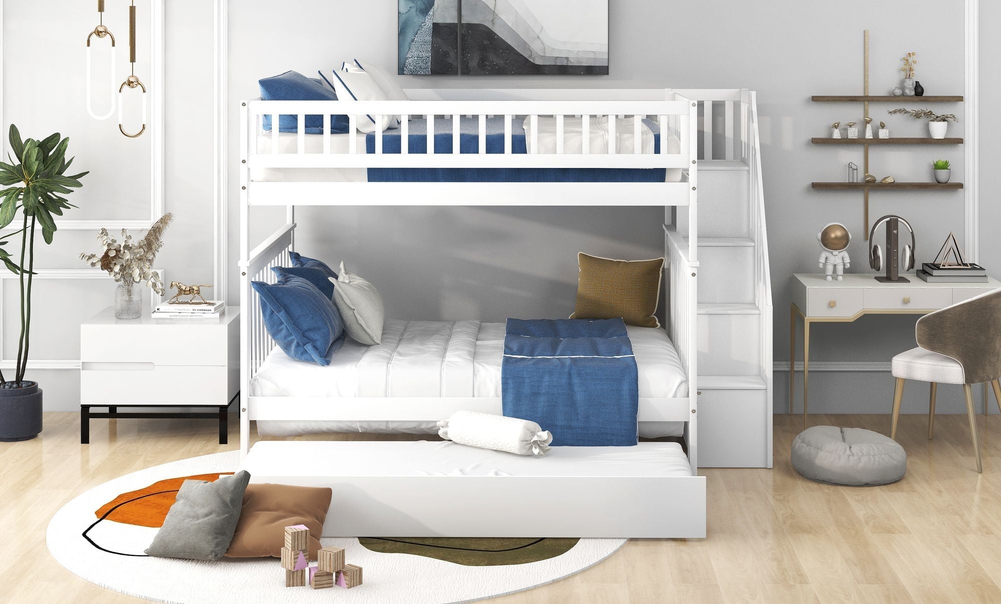 Full Over Full Wood Bunk Bed with Staircase Storage and Trundle, White | Just Better Bunk Beds