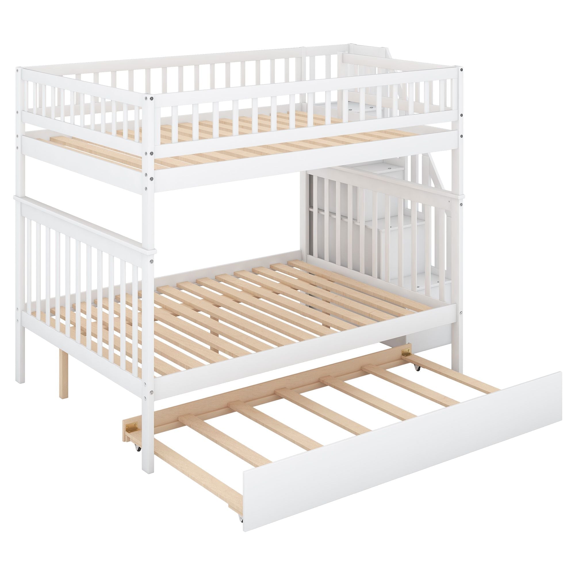 Full Over Full Wood Bunk Bed with Staircase Storage and Trundle, White | Just Better Bunk Beds