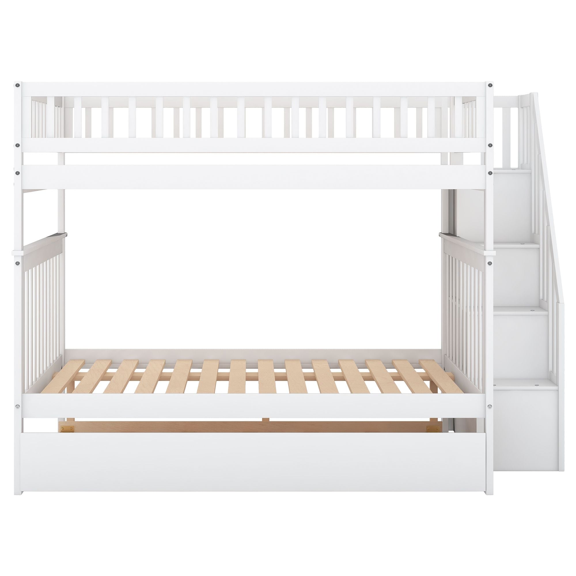 Full Over Full Wood Bunk Bed with Staircase Storage and Trundle, White | Just Better Bunk Beds