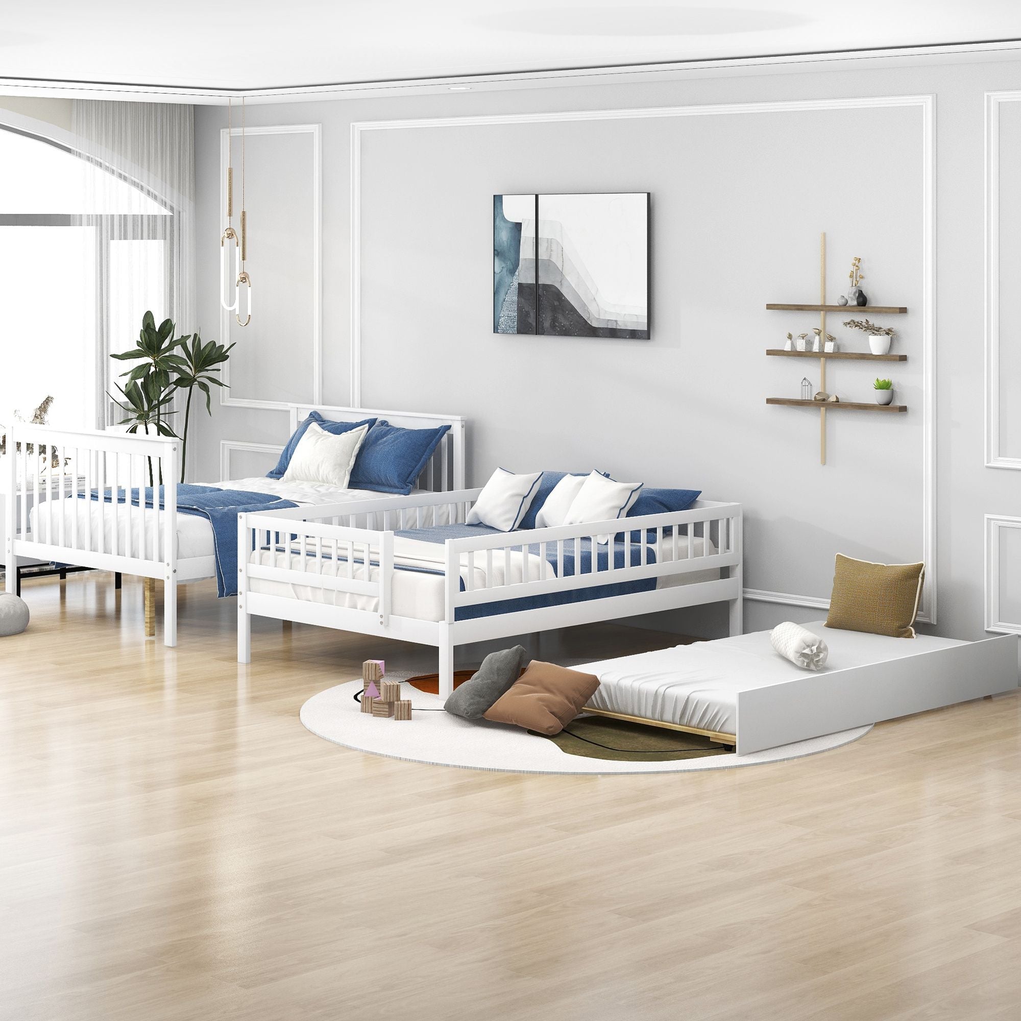 Full Over Full Wood Bunk Bed with Staircase Storage and Trundle, White | Just Better Bunk Beds