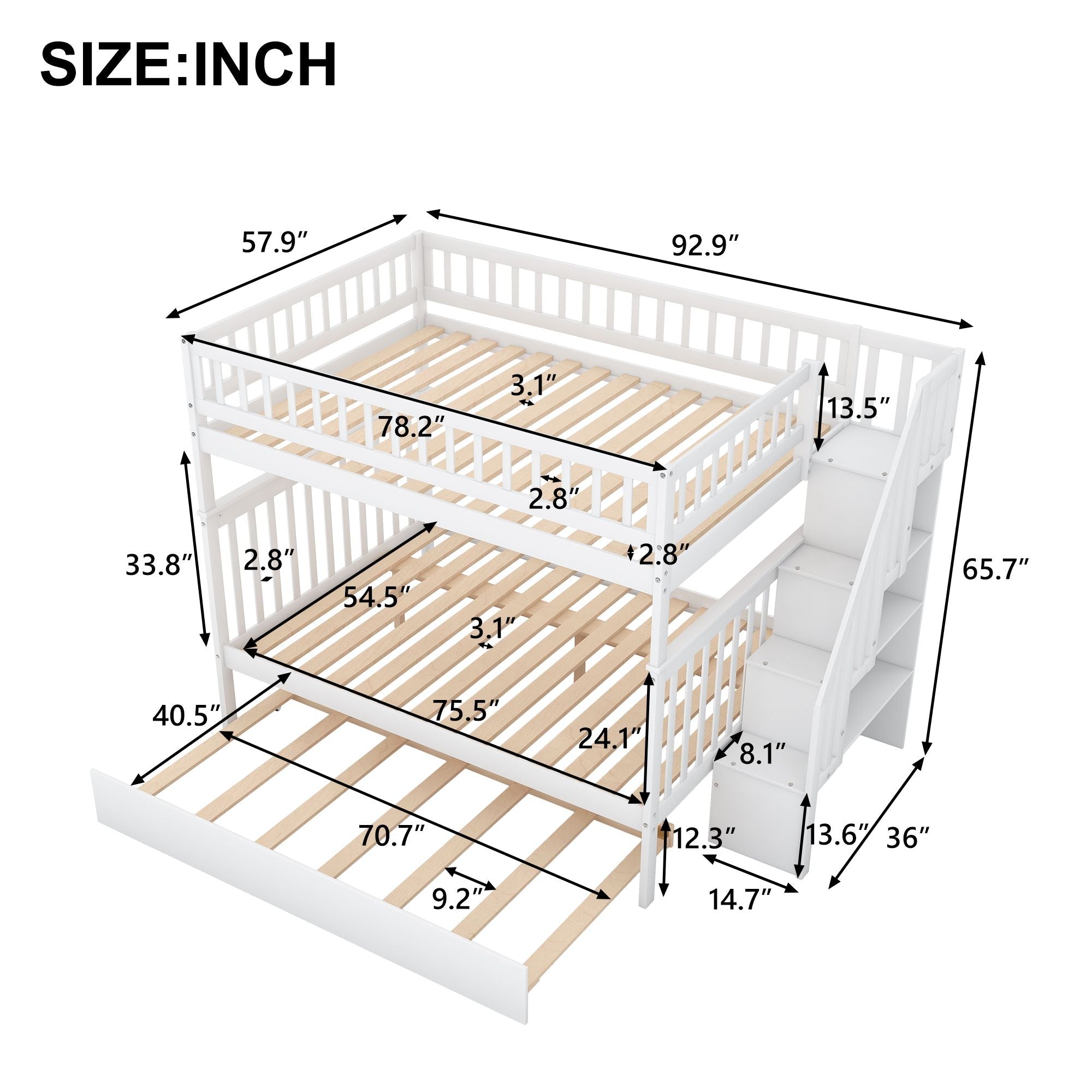 Full Over Full Wood Bunk Bed with Staircase Storage and Trundle, White | Just Better Bunk Beds
