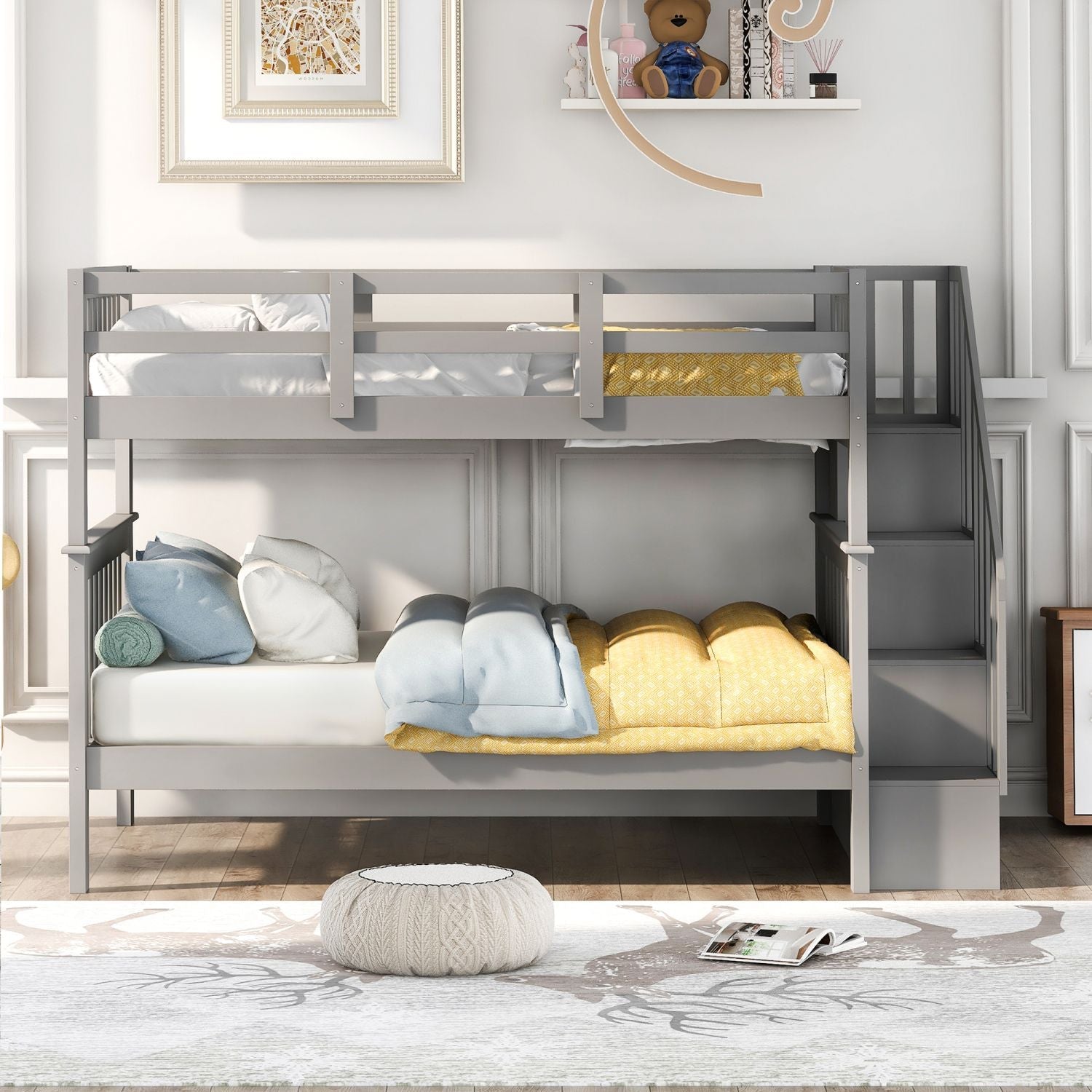Full Over Full Wood Bunk Bed with Staircase Storage Gray Durable Pinewood | Just Better Bunk Beds