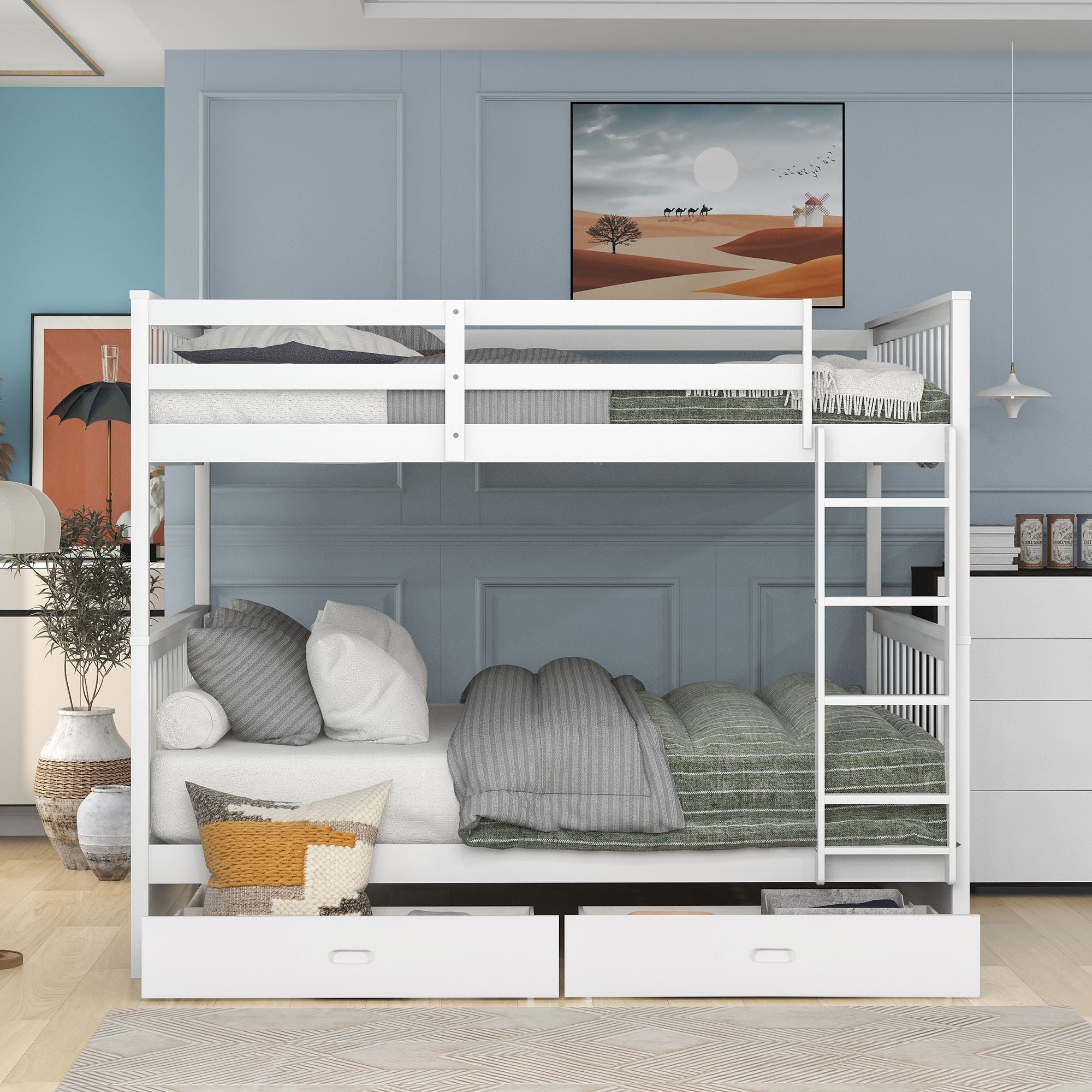 Full Over Full Wood Bunk Bed with Storage Drawers and Ladders in White | Just Better Bunk Beds