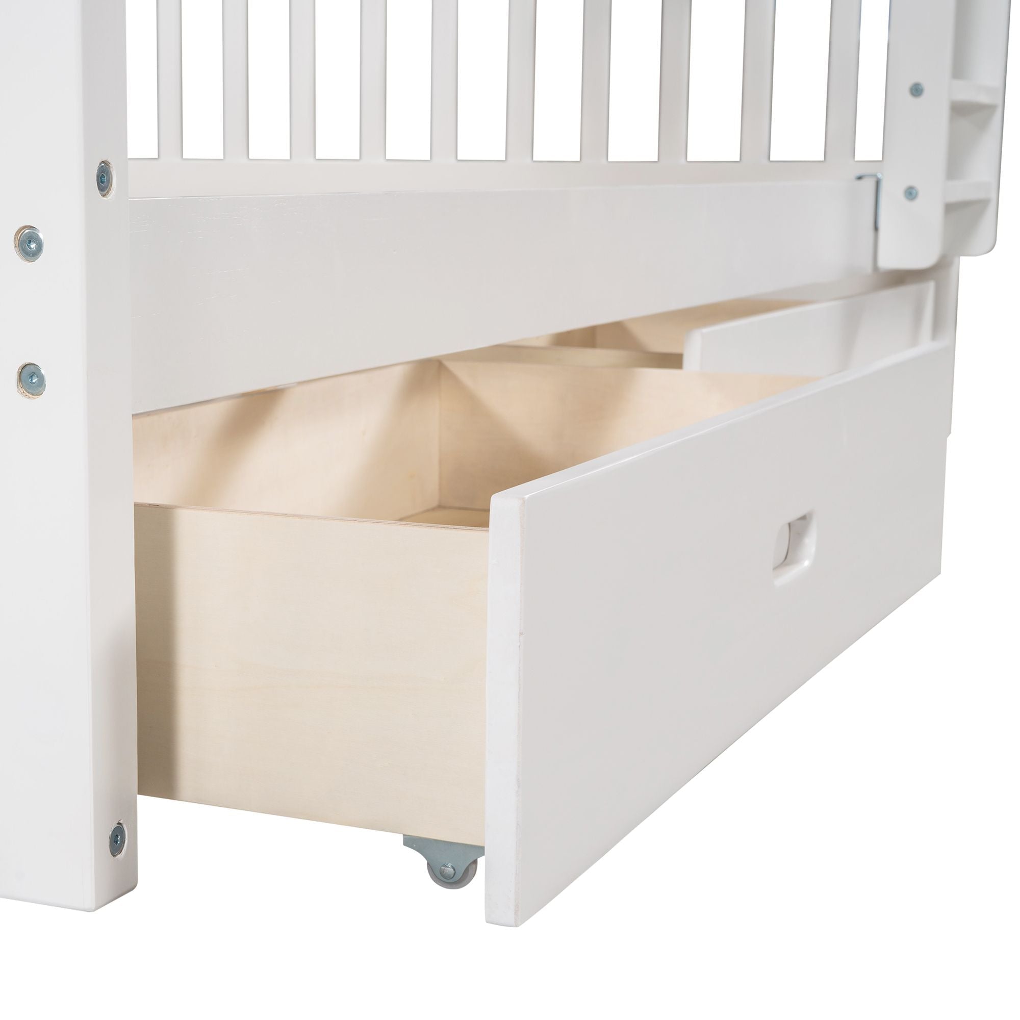 Full Over Full Wood Bunk Bed with Storage Drawers and Ladders in White | Just Better Bunk Beds