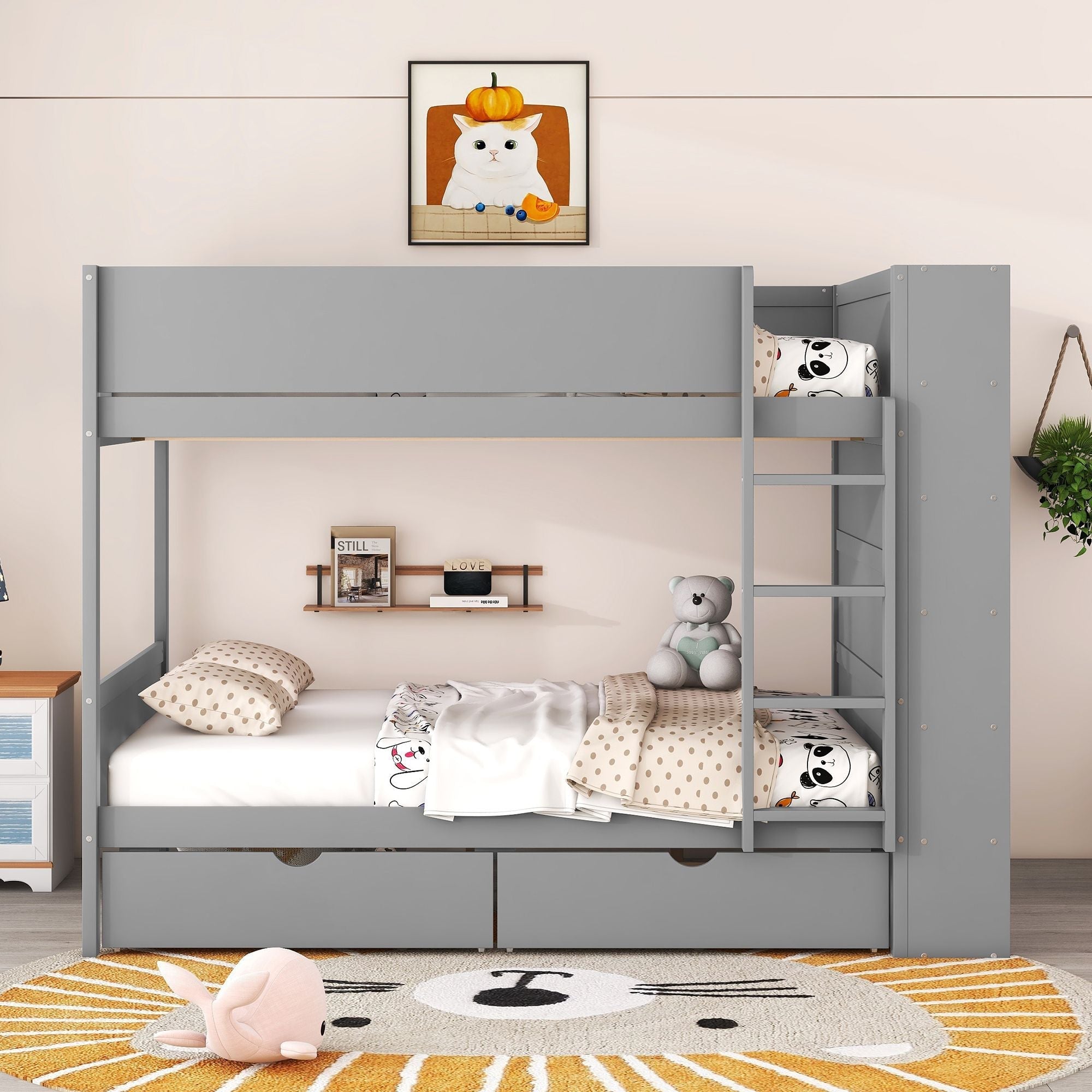 Full Over Full Wood Bunk Bed with Storage Drawers and Multi-Layer Cabinet, Gray | Just Better Bunk Beds