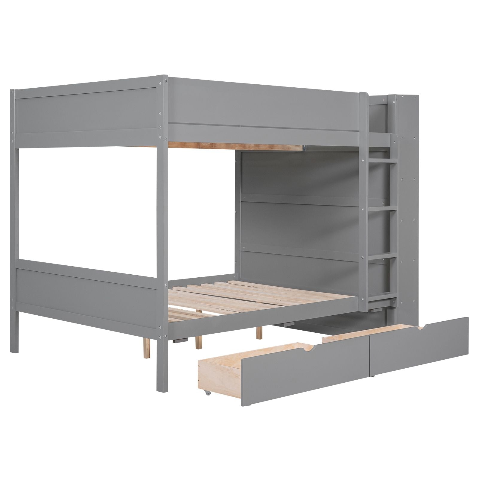 Full Over Full Wood Bunk Bed with Storage Drawers and Multi-Layer Cabinet, Gray | Just Better Bunk Beds