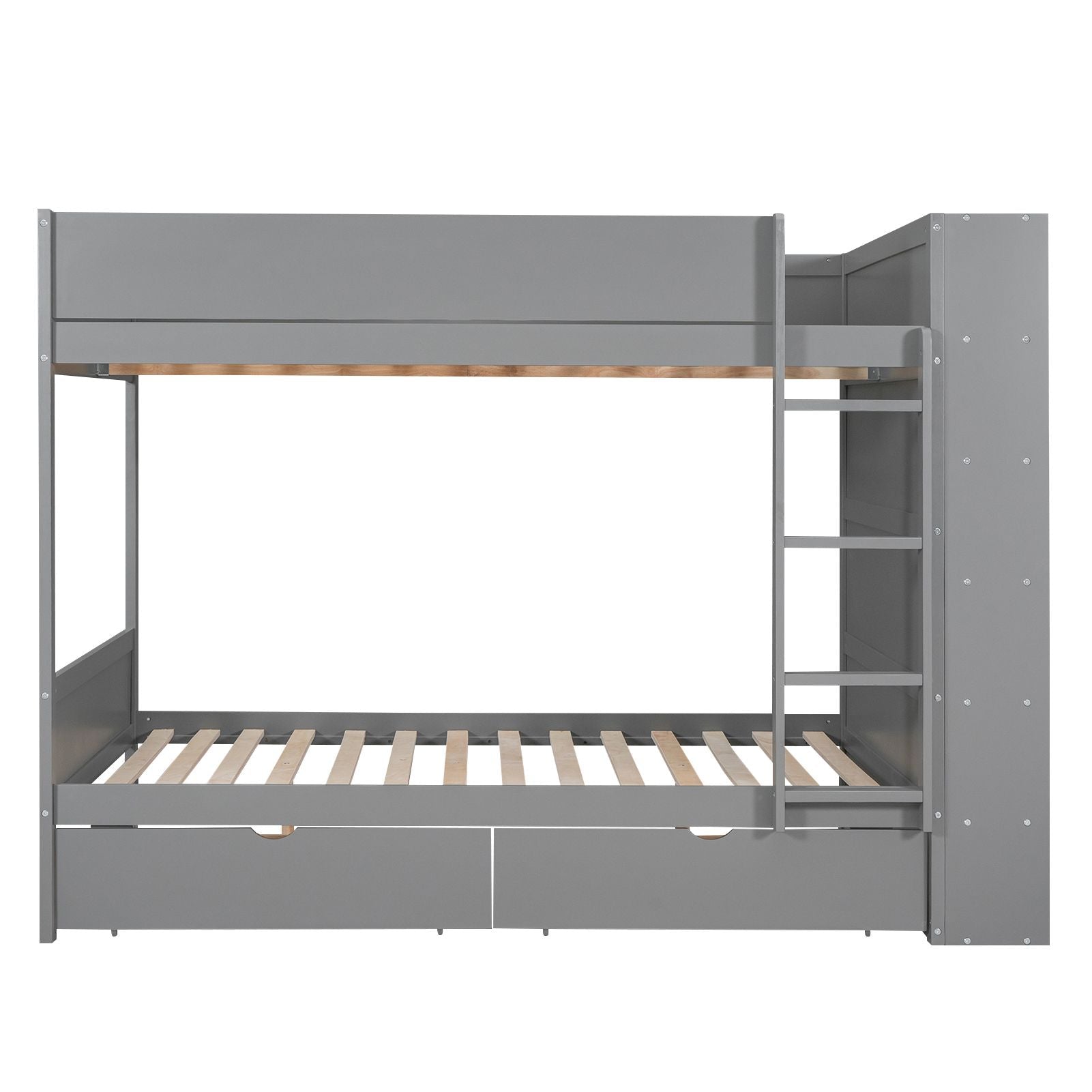 Full Over Full Wood Bunk Bed with Storage Drawers and Multi-Layer Cabinet, Gray | Just Better Bunk Beds