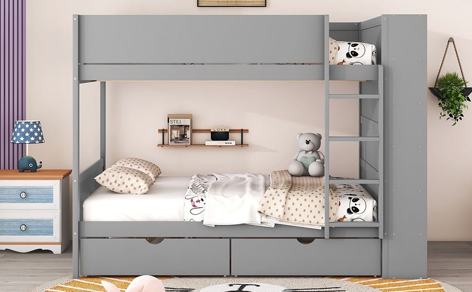 Full Over Full Wood Bunk Bed with Storage Drawers and Multi-Layer Cabinet, Gray | Just Better Bunk Beds