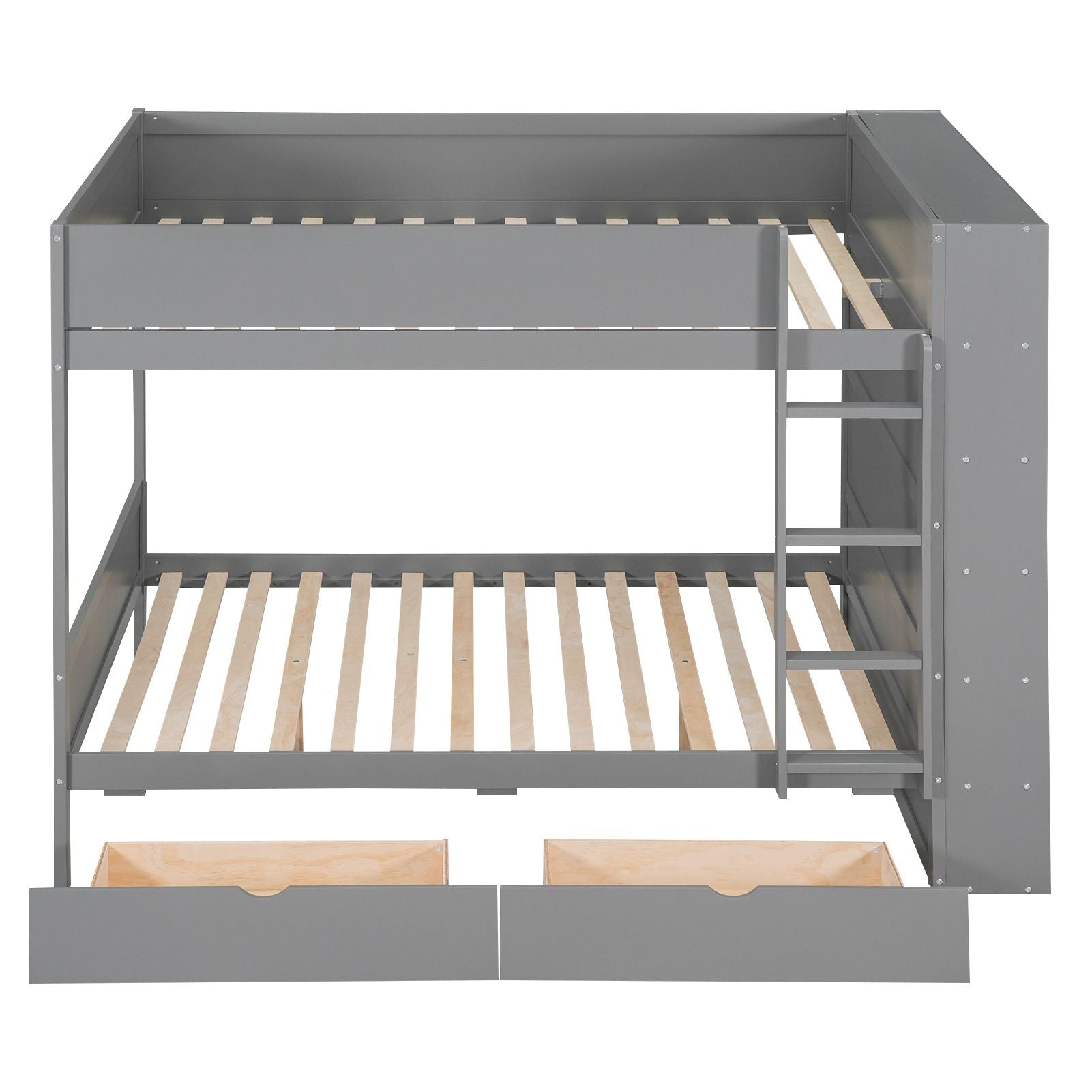 Full Over Full Wood Bunk Bed with Storage Drawers and Multi-Layer Cabinet, Gray | Just Better Bunk Beds
