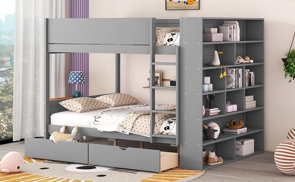 Full Over Full Wood Bunk Bed with Storage Drawers and Multi-Layer Cabinet, Gray | Just Better Bunk Beds