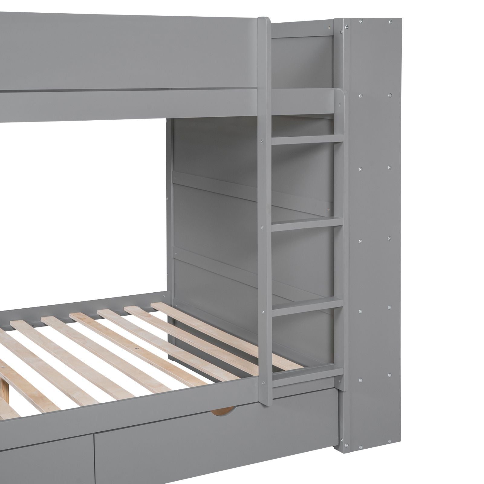 Full Over Full Wood Bunk Bed with Storage Drawers and Multi-Layer Cabinet, Gray | Just Better Bunk Beds