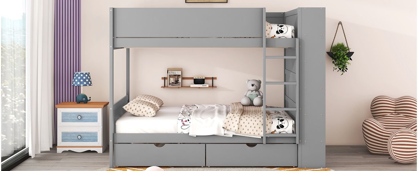 Full Over Full Wood Bunk Bed with Storage Drawers and Multi-Layer Cabinet, Gray | Just Better Bunk Beds