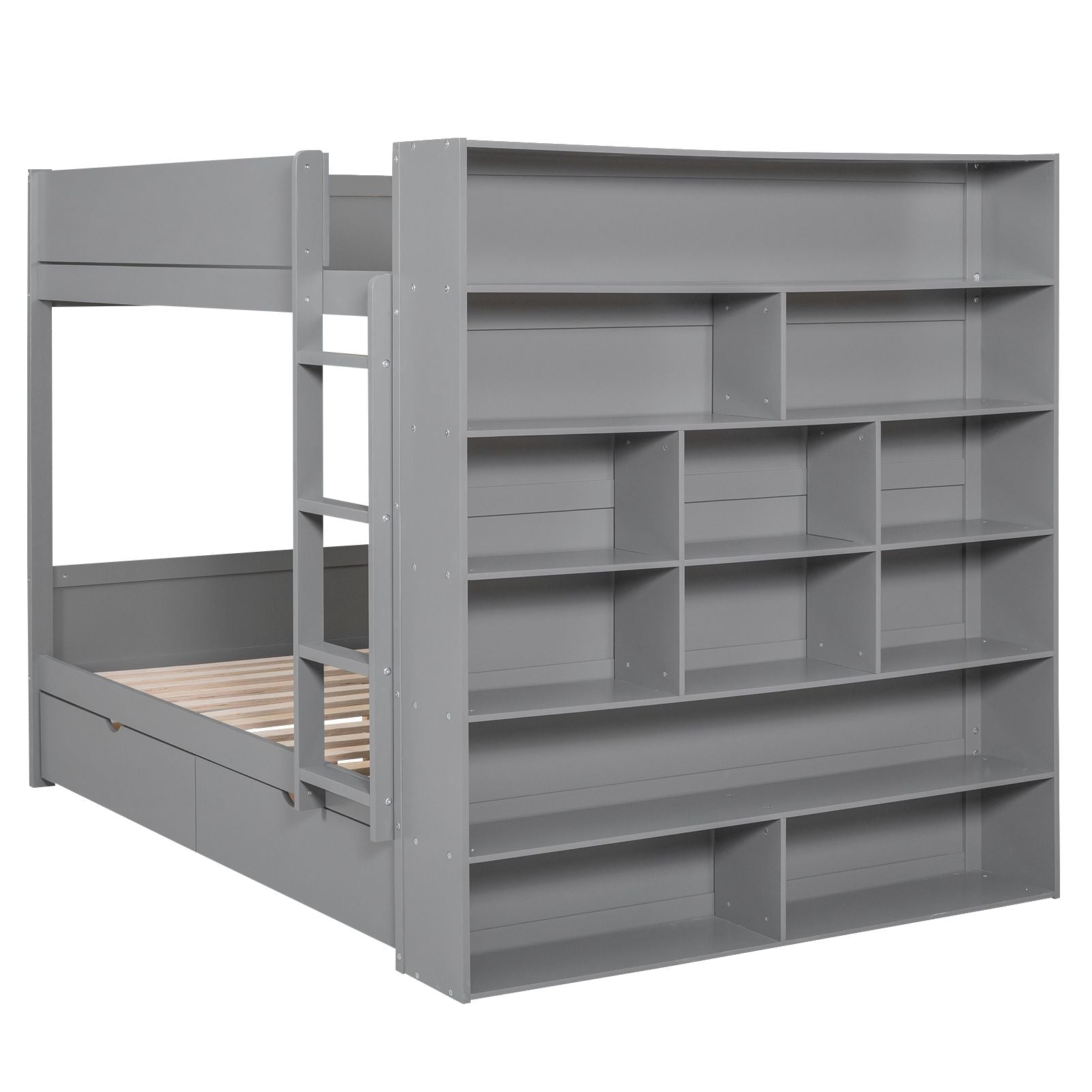 Full Over Full Wood Bunk Bed with Storage Drawers and Multi-Layer Cabinet, Gray | Just Better Bunk Beds