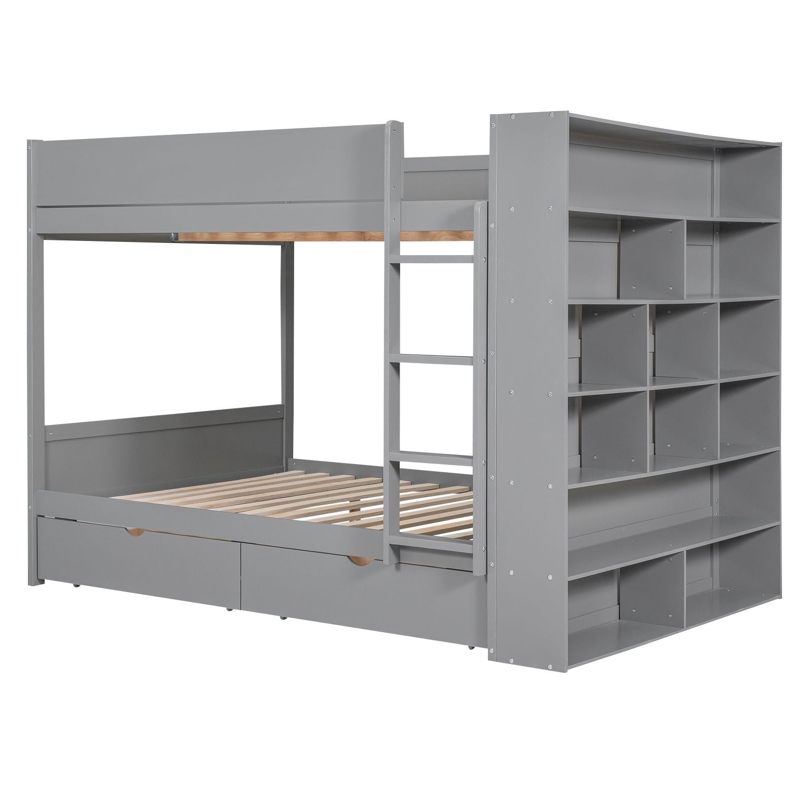 Full Over Full Wood Bunk Bed with Storage Drawers and Multi-Layer Cabinet, Gray | Just Better Bunk Beds
