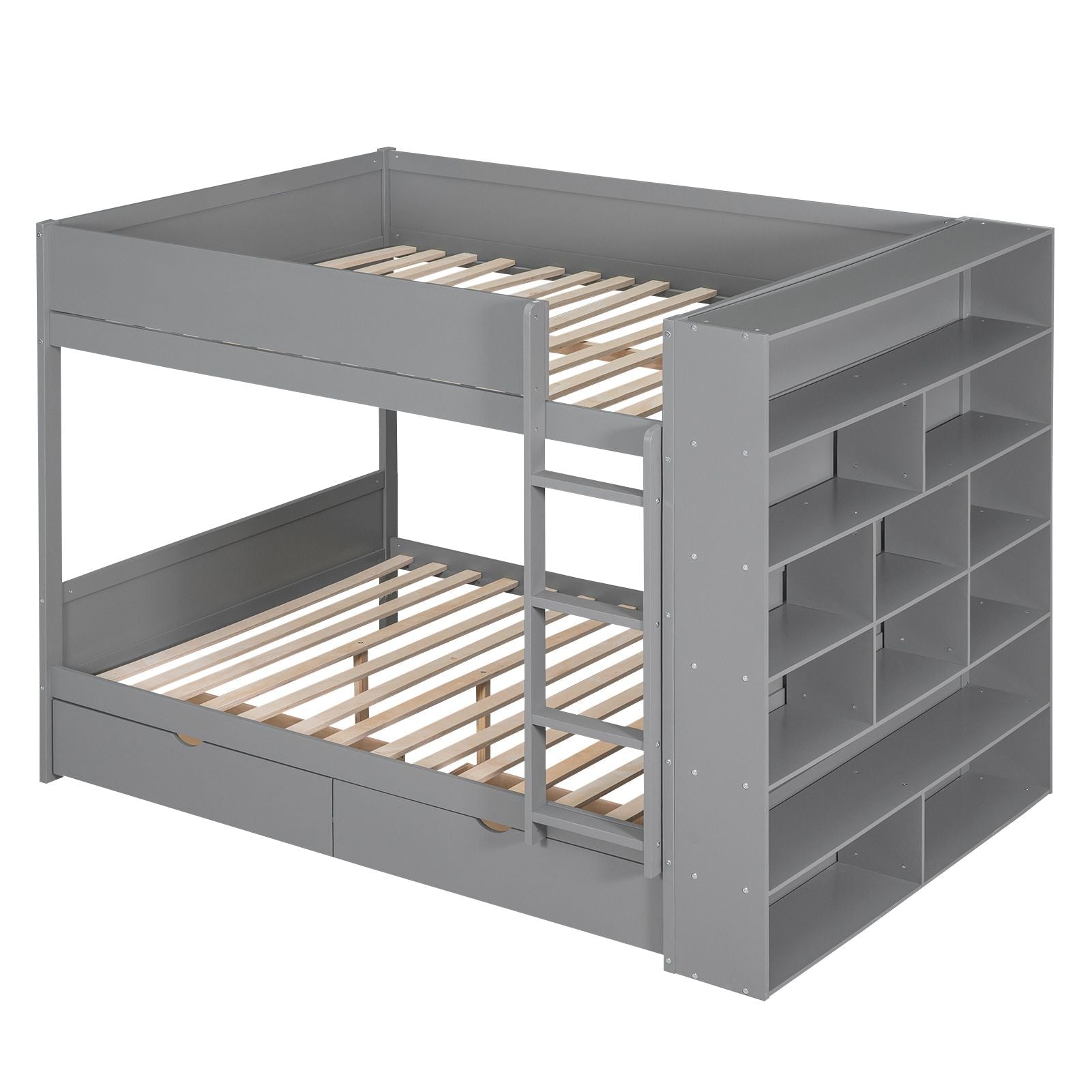 Full Over Full Wood Bunk Bed with Storage Drawers and Multi-Layer Cabinet, Gray | Just Better Bunk Beds