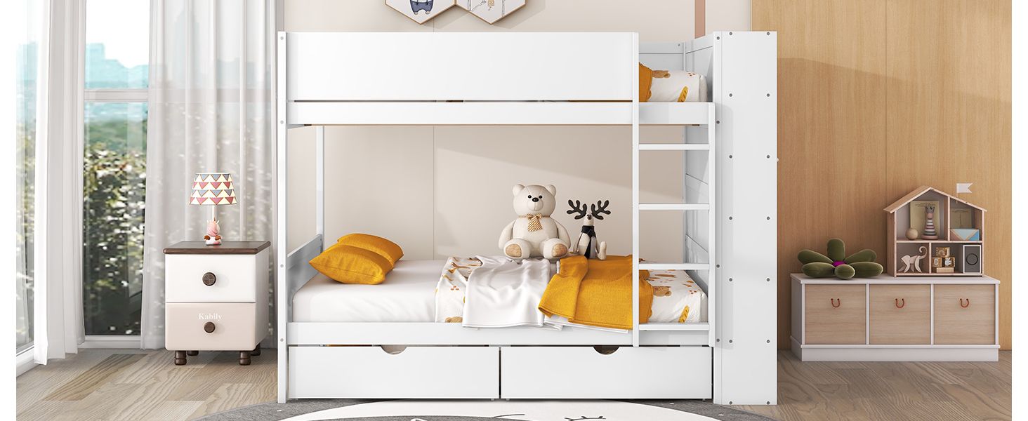 Full Over Full Wood Bunk Bed with Storage Drawers and Multi-Layer Cabinet, White | Just Better Bunk Beds