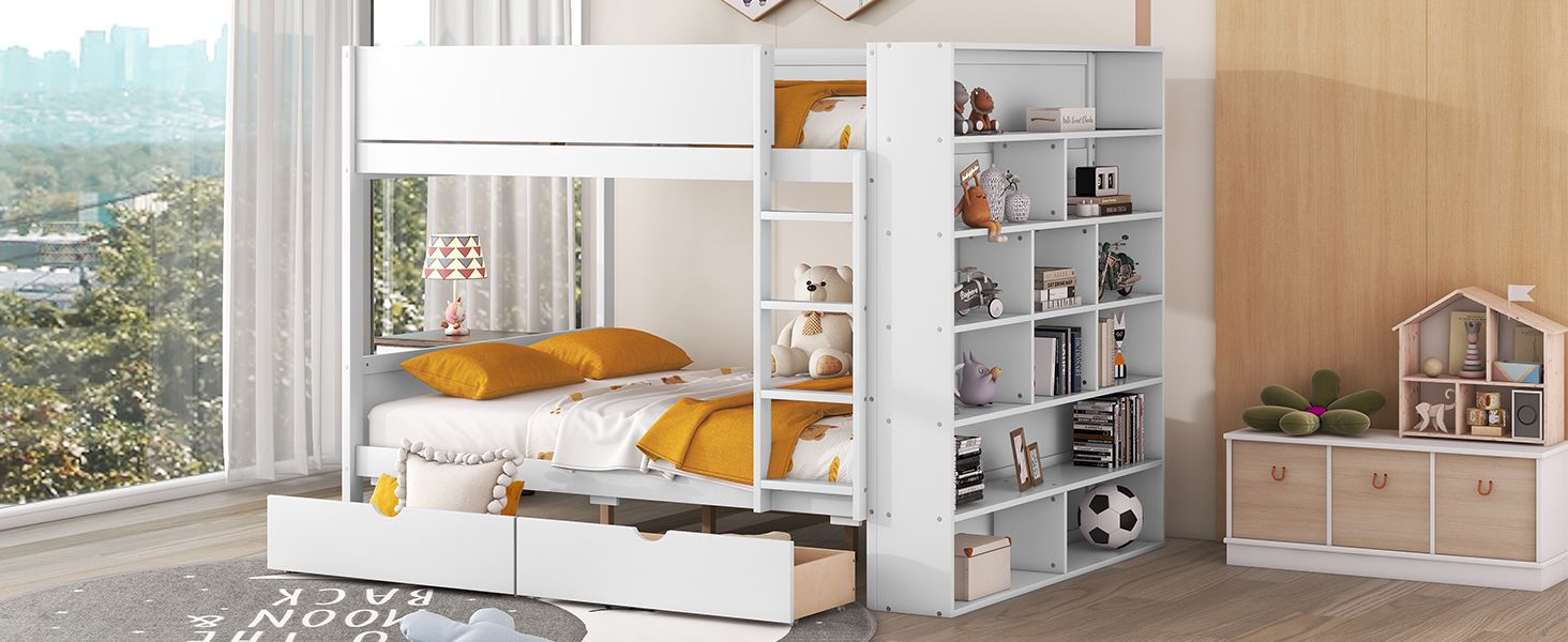 Full Over Full Wood Bunk Bed with Storage Drawers and Multi-Layer Cabinet, White | Just Better Bunk Beds