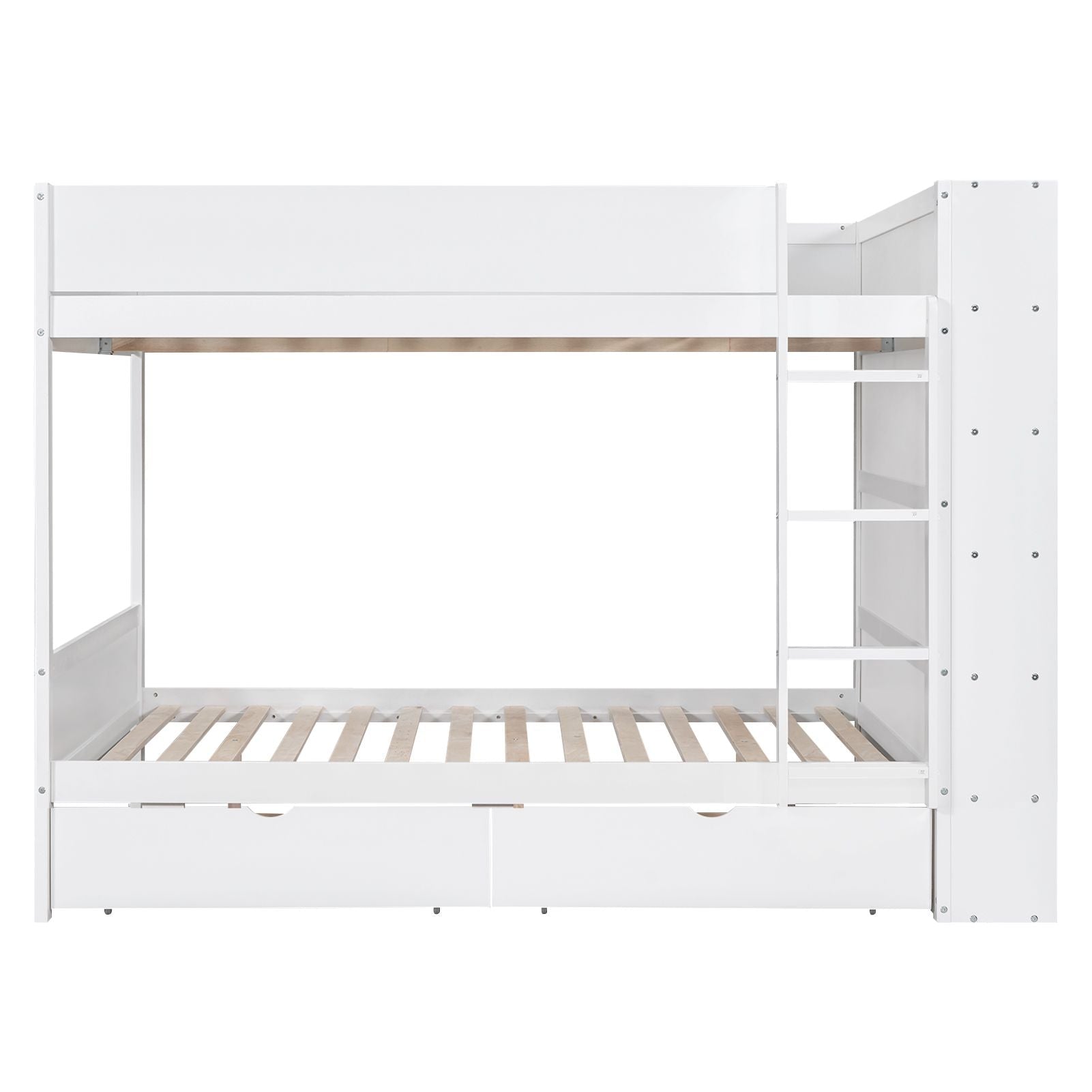Full Over Full Wood Bunk Bed with Storage Drawers and Multi-Layer Cabinet, White | Just Better Bunk Beds