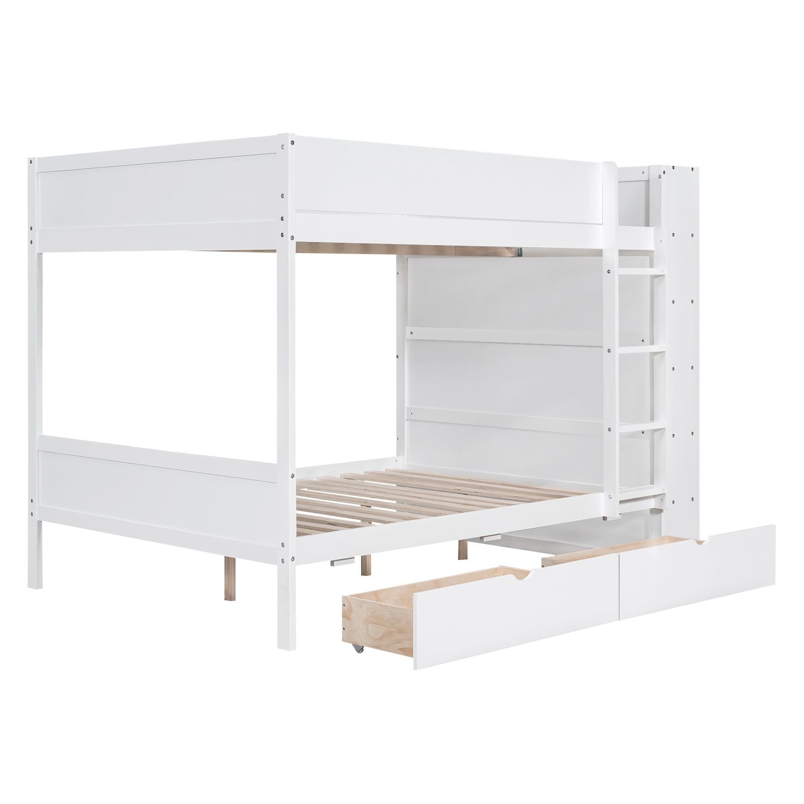 Full Over Full Wood Bunk Bed with Storage Drawers and Multi-Layer Cabinet, White | Just Better Bunk Beds